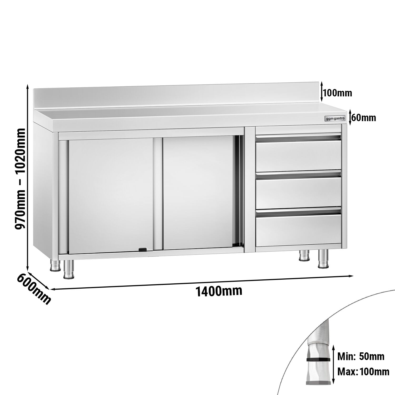 Roostevaba kapp 1400×600mm, lükandustega, 3 sahtlit paremal, tagaserv