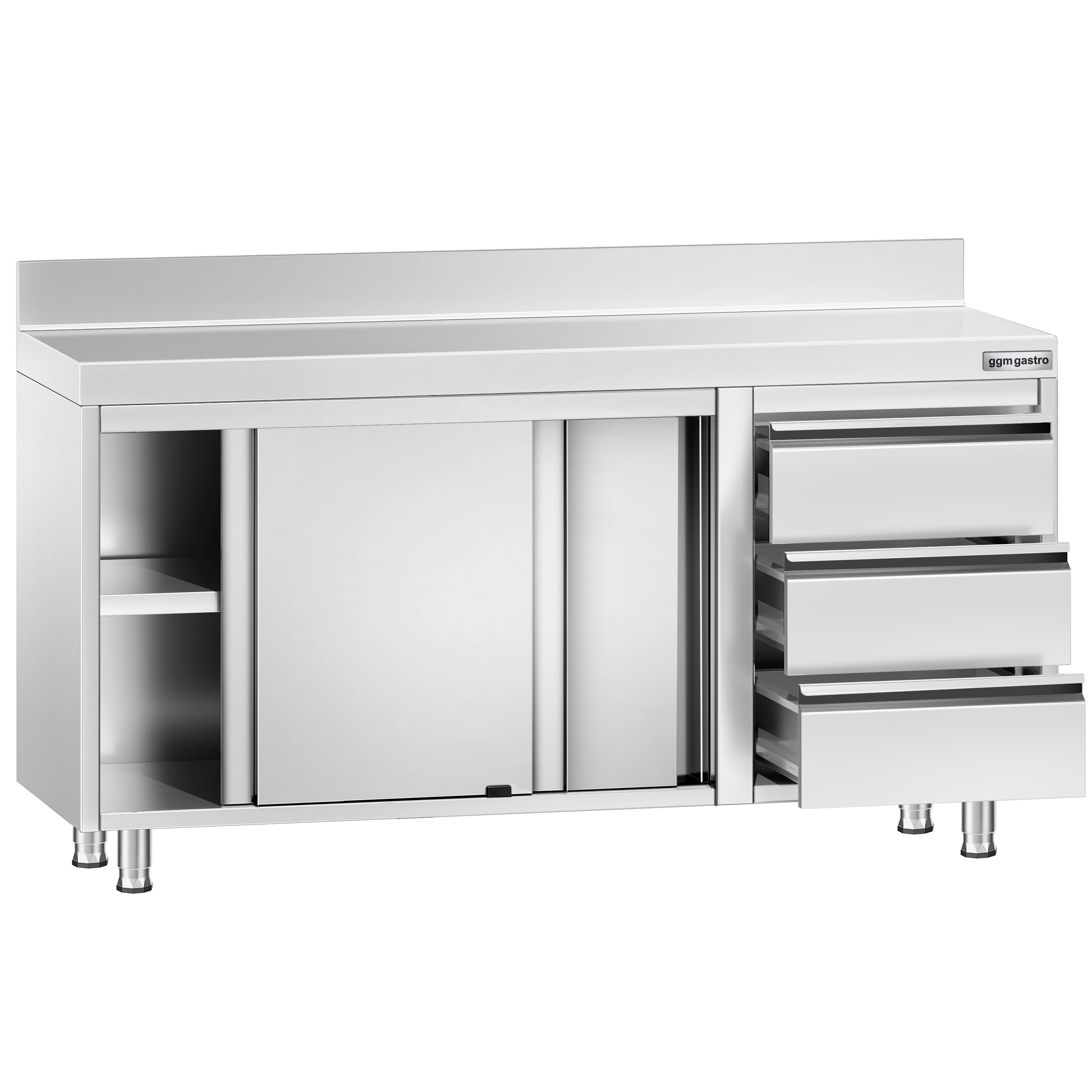 Roostevaba kapp 1400×600mm, lükandustega, 3 sahtlit paremal, tagaserv