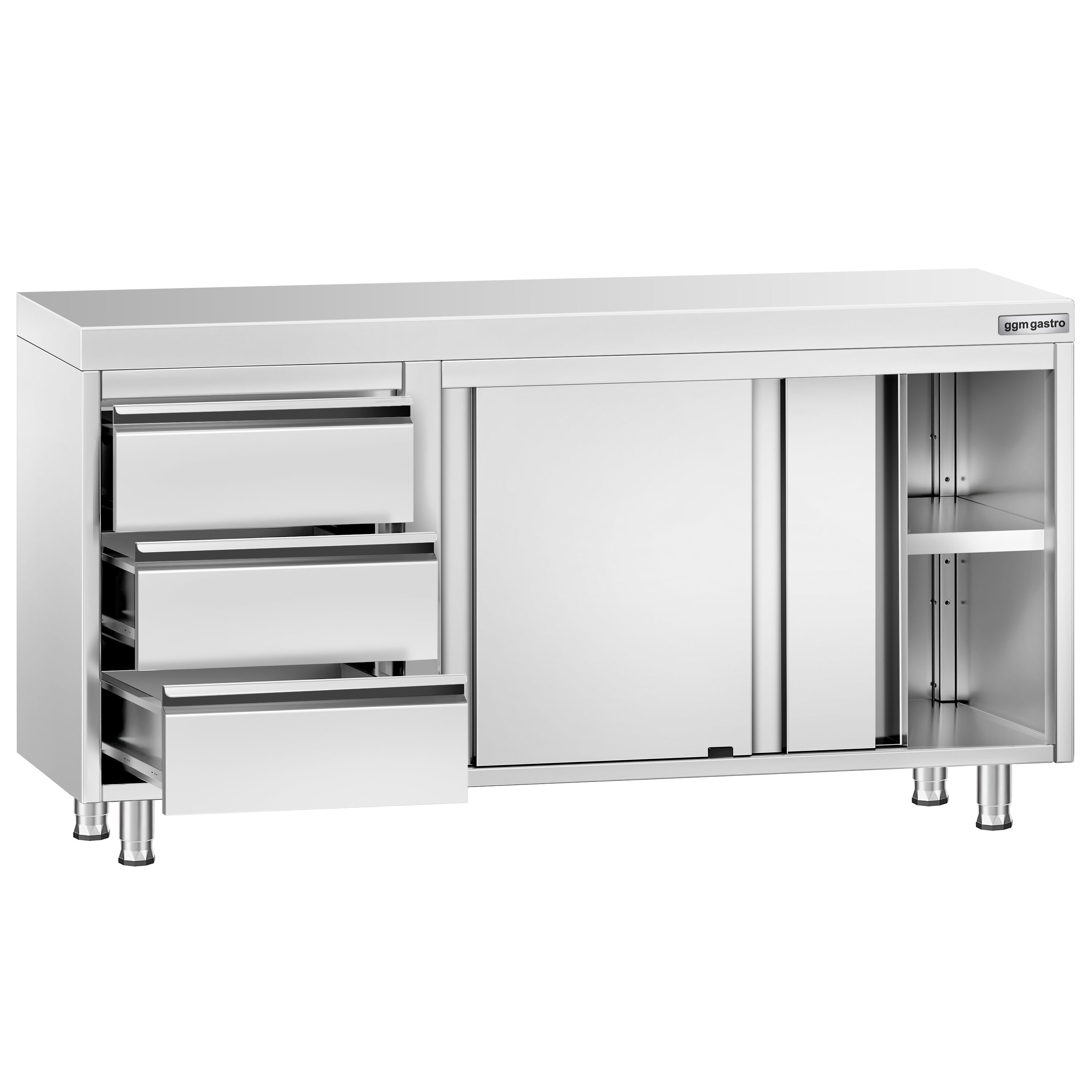 Roostevaba kapp 1400×700mm, lükandustega, 3 sahtlit vasakul