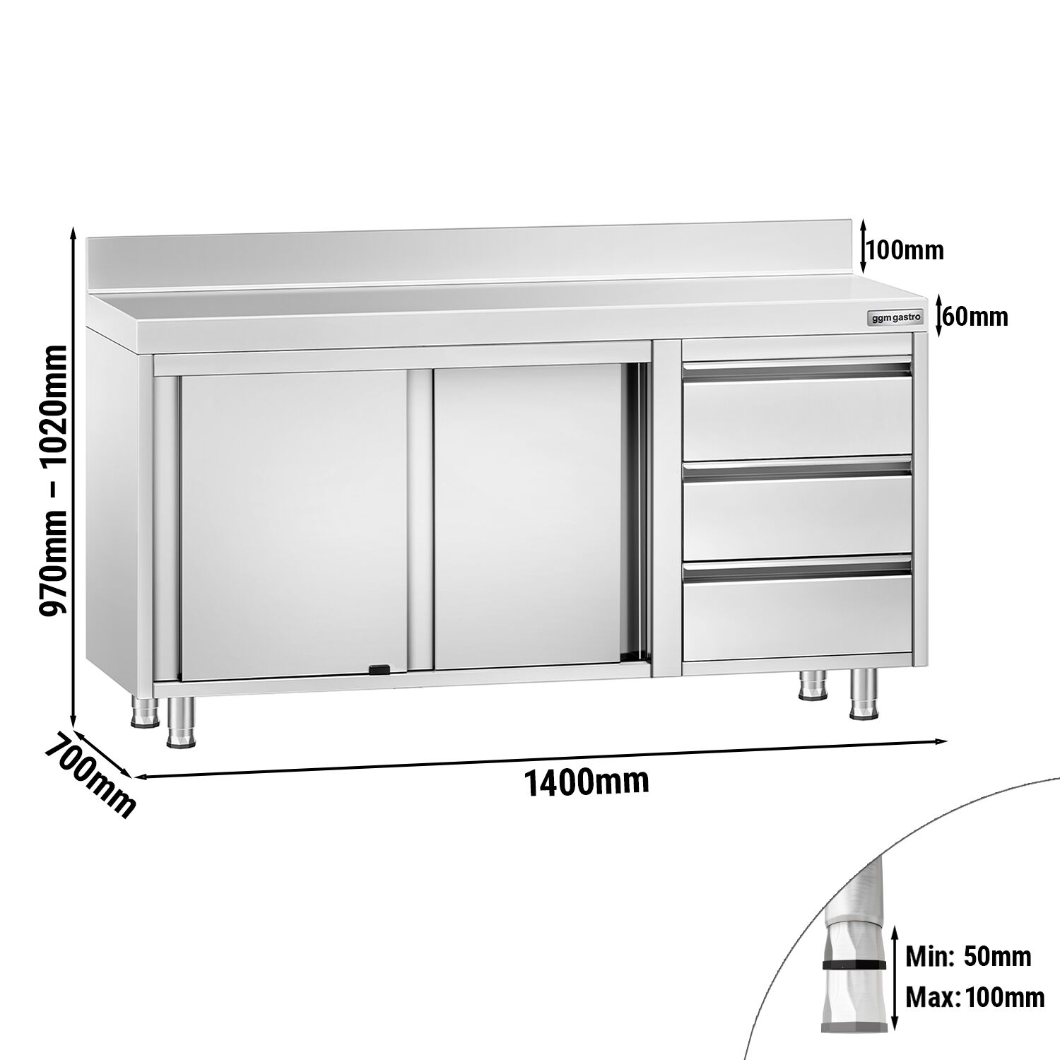 Roostevaba kapp 1400×700mm, lükandustega, 3 sahtlit paremal, tagaserv