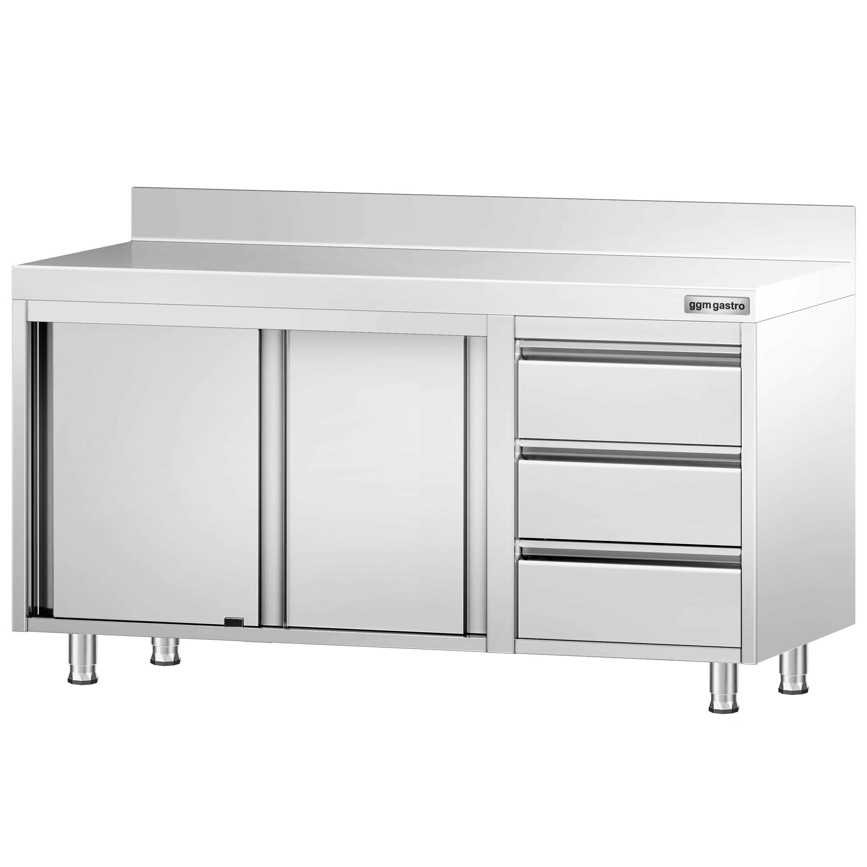 Roostevaba kapp 1400×700mm, lükandustega, 3 sahtlit paremal, tagaserv