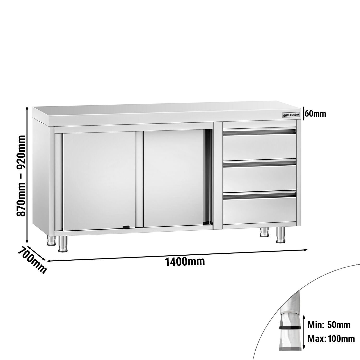 Roostevaba kapp 1400×700mm, lükandustega, 3 sahtlit paremal