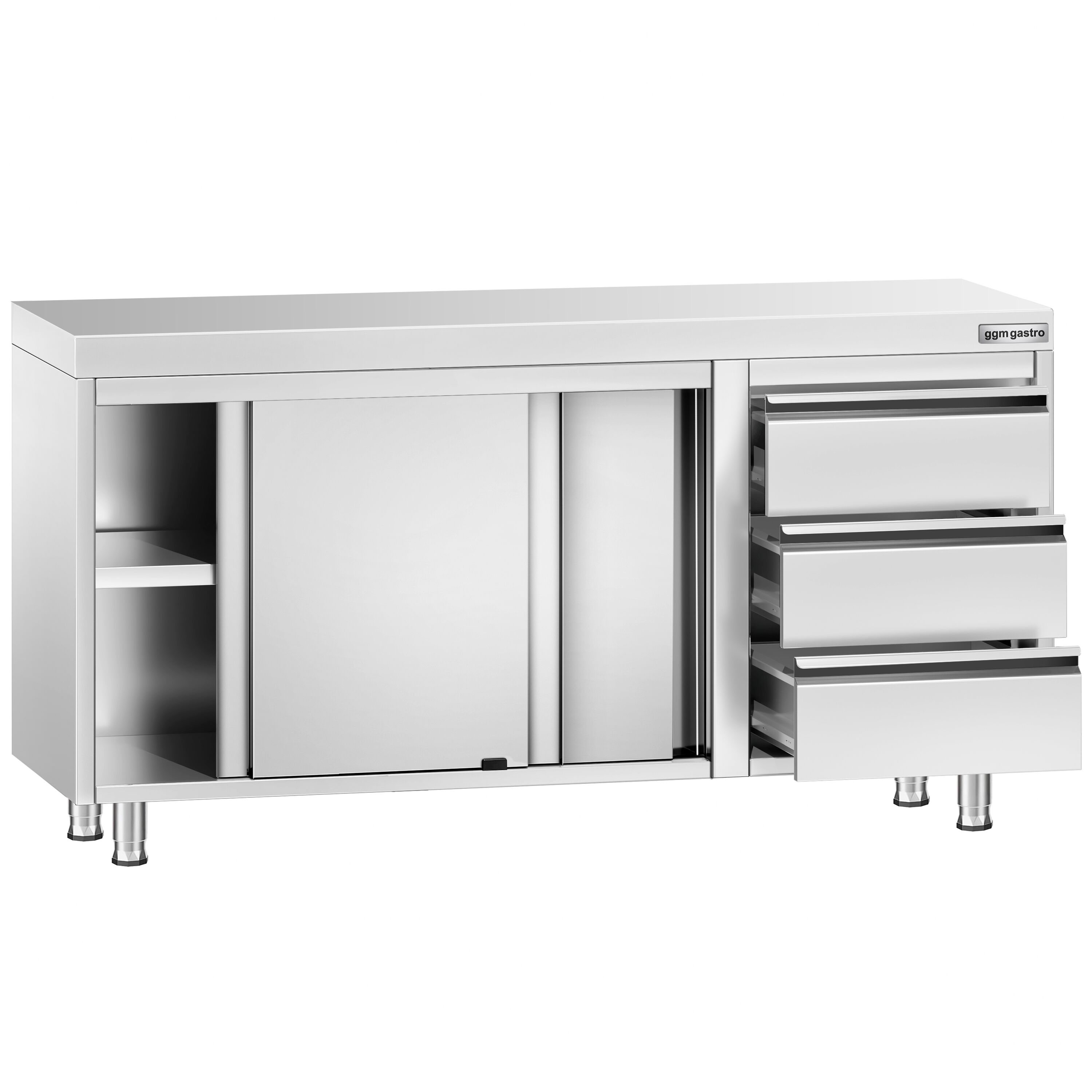Roostevaba kapp 1400×700mm, lükandustega, 3 sahtlit paremal