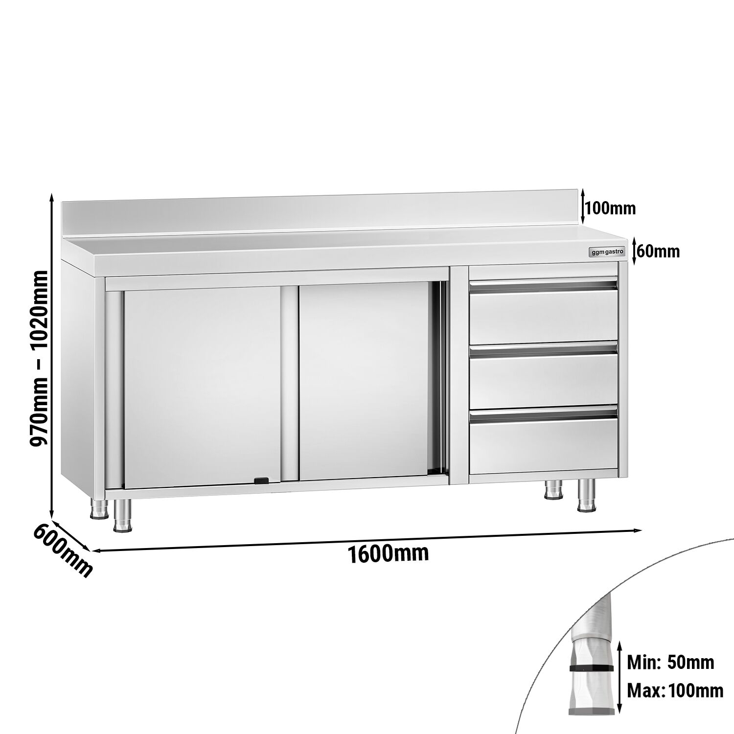 Roostevaba kapp 1600×600mm, lükandustega, 3 sahtlit paremal, tagaserv
