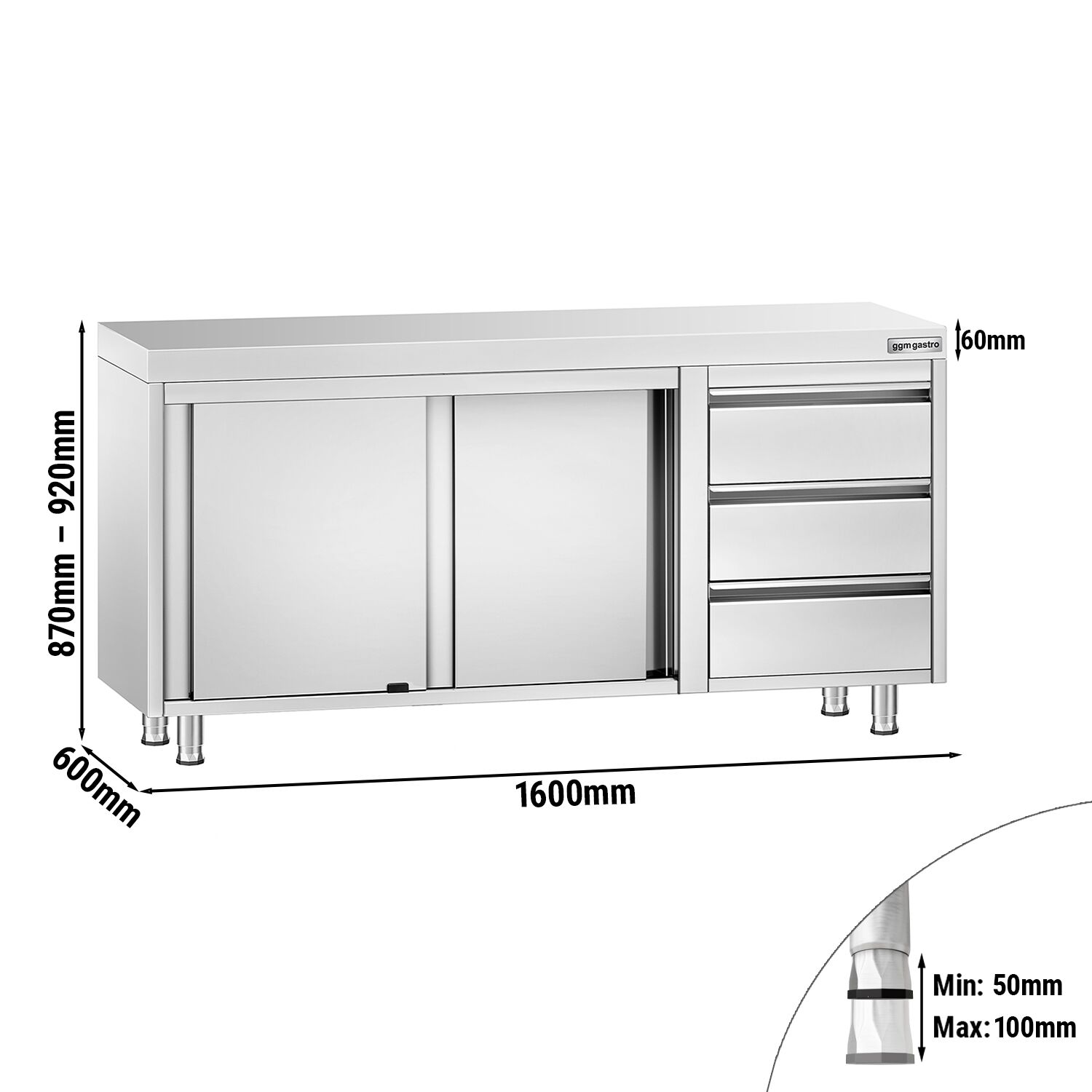 Roostevaba kapp 1600×600mm, lükandustega, 3 sahtlit paremal