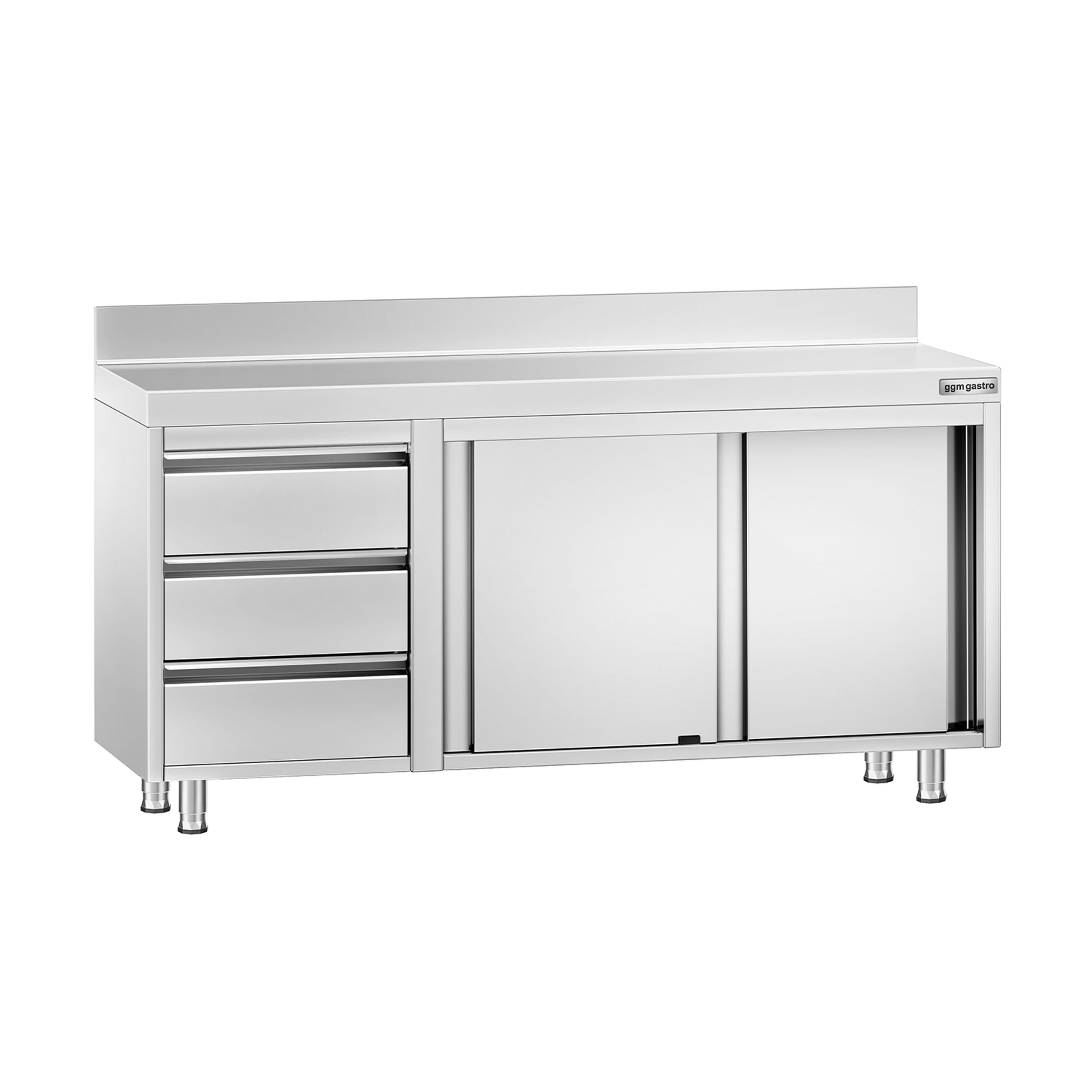 Roostevaba kapp 1600x700mm, lükandustega, 3 sahtlit vasakul, tagaserv