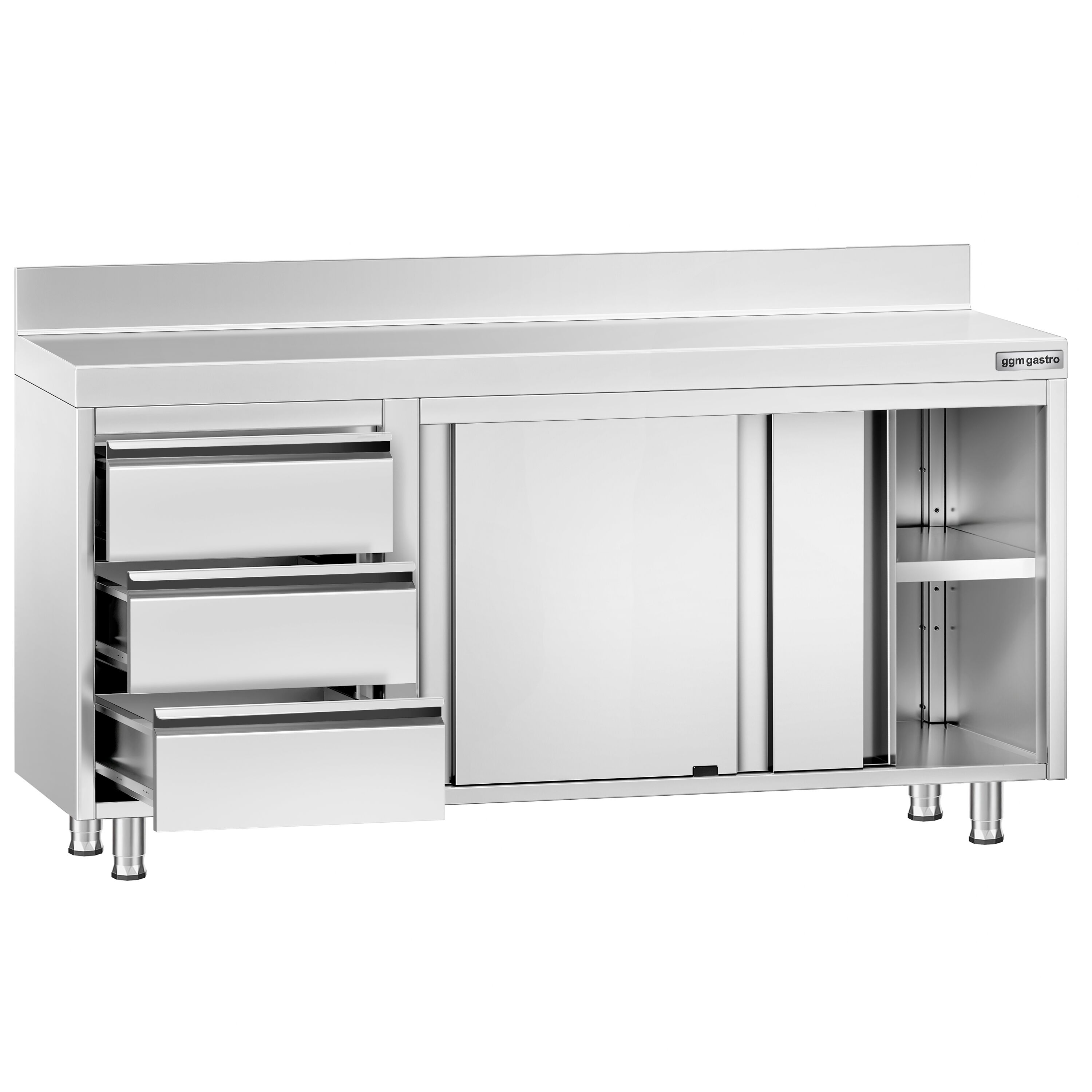 Roostevaba kapp 1600×700mm, lükandustega, 3 sahtlit vasakul, tagaserv