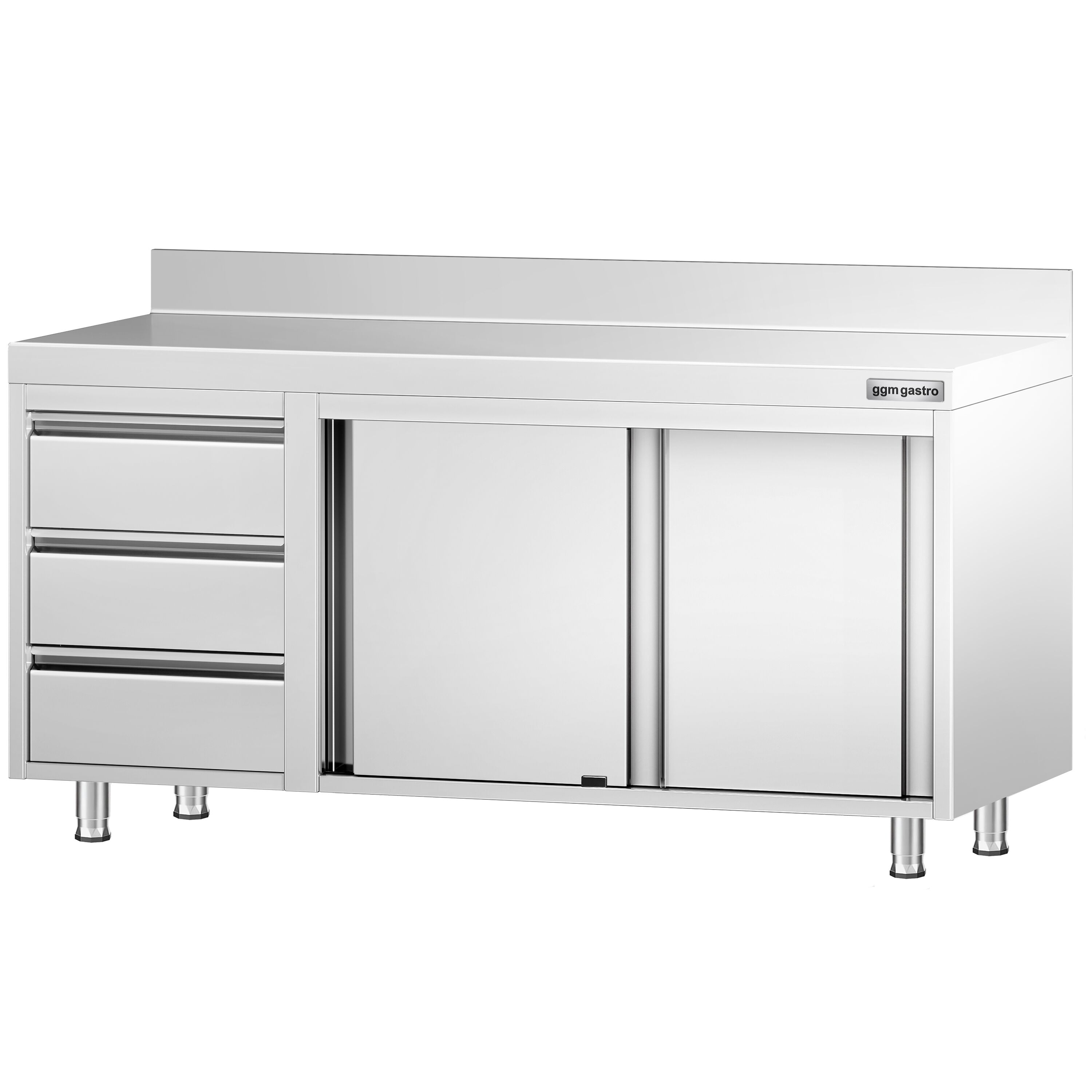 Roostevaba kapp 1600×700mm, lükandustega, 3 sahtlit vasakul, tagaserv