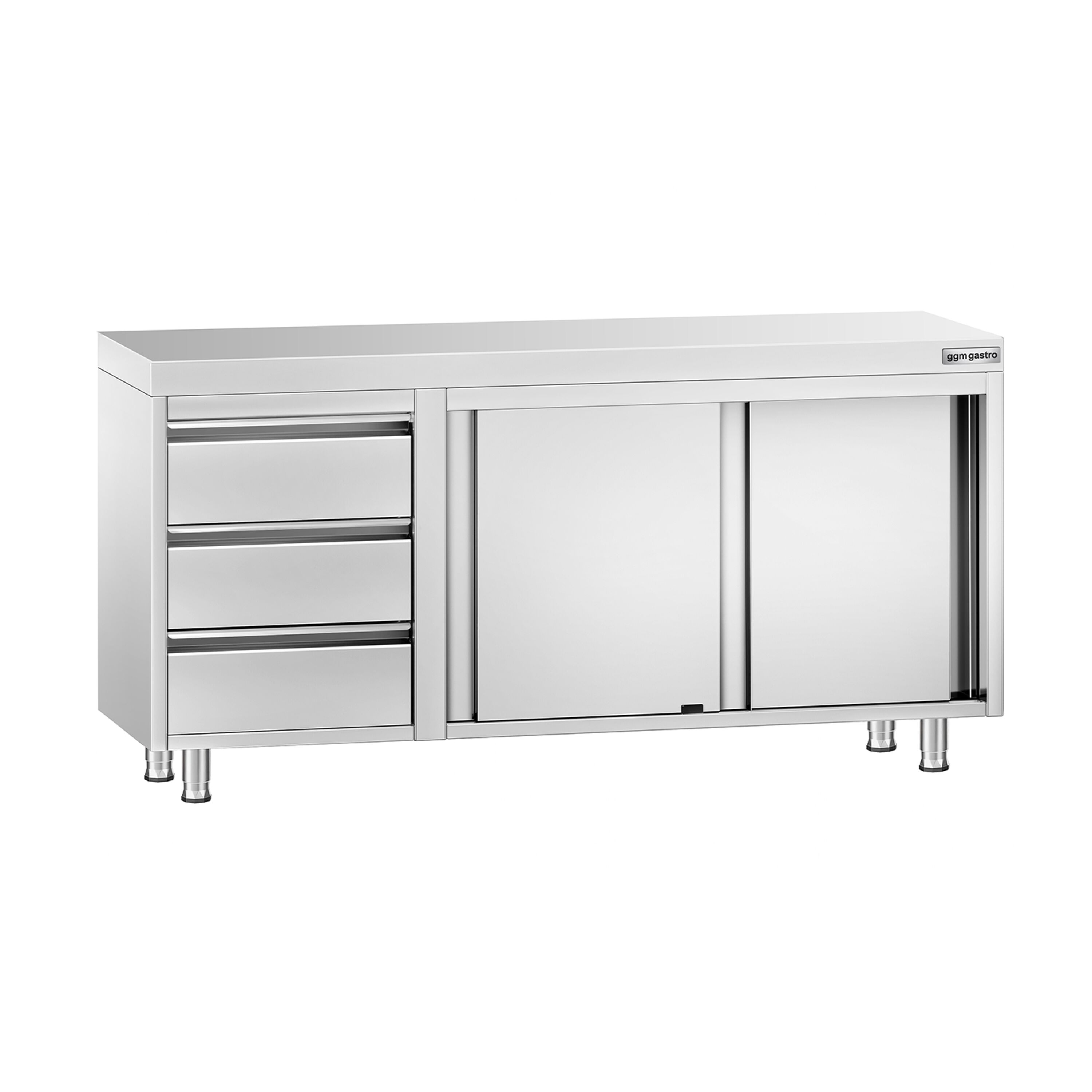 Roostevaba kapp 1600×700mm, lükandustega, 3 sahtlit vasakul