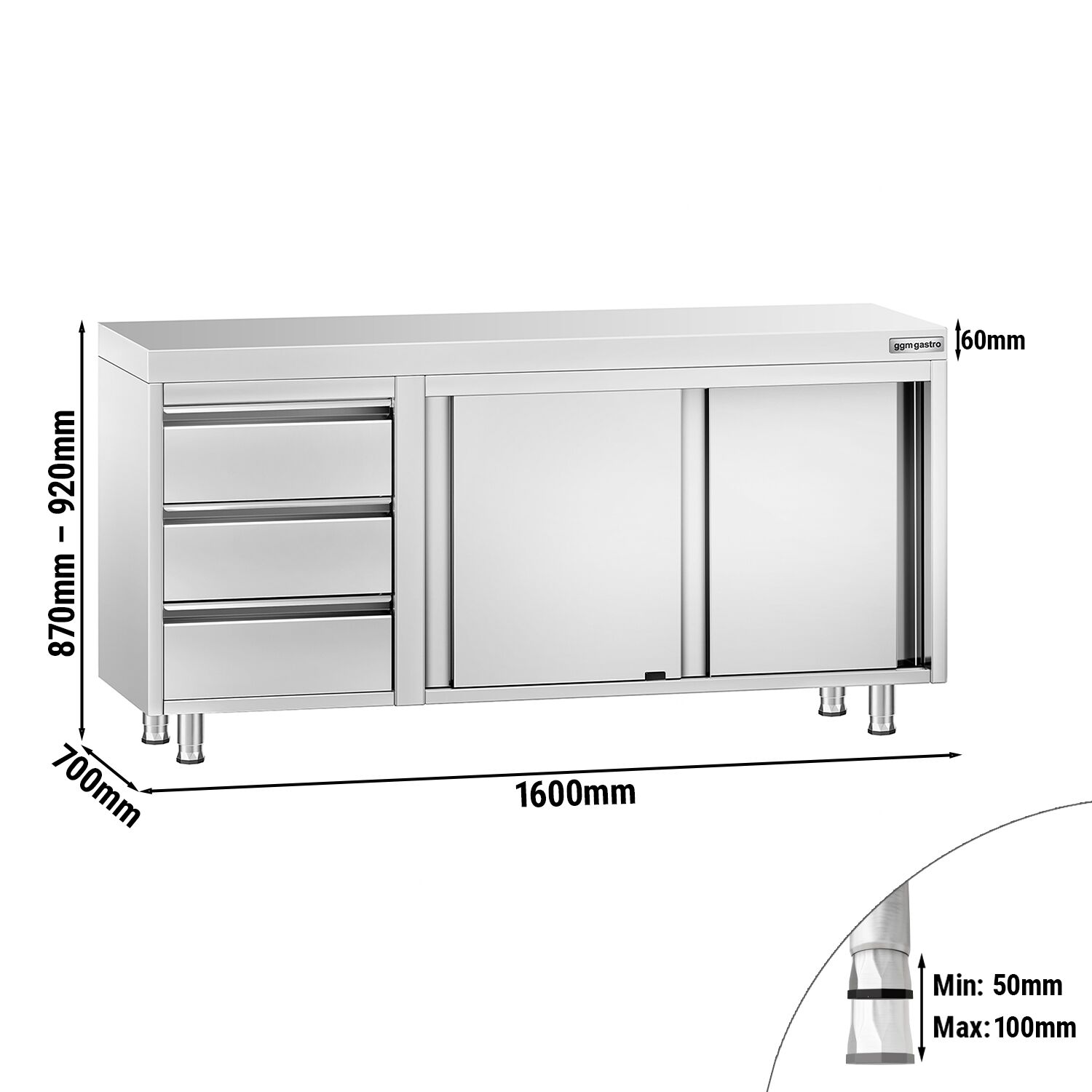 Roostevaba kapp 1600×700mm, lükandustega, 3 sahtlit vasakul