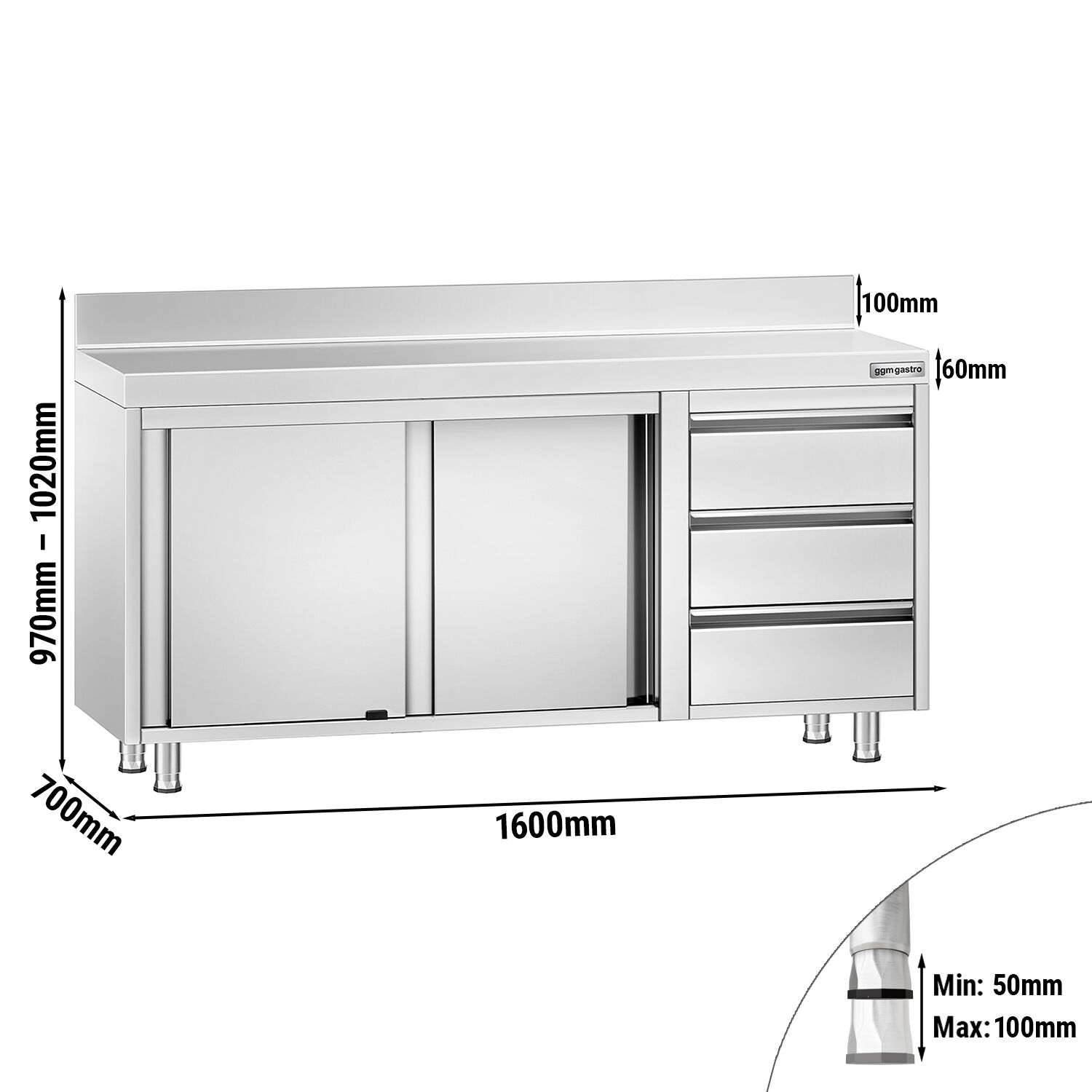 Roostevaba kapp 1600×700mm, lükandustega, 3 sahtlit paremal, tagaserv