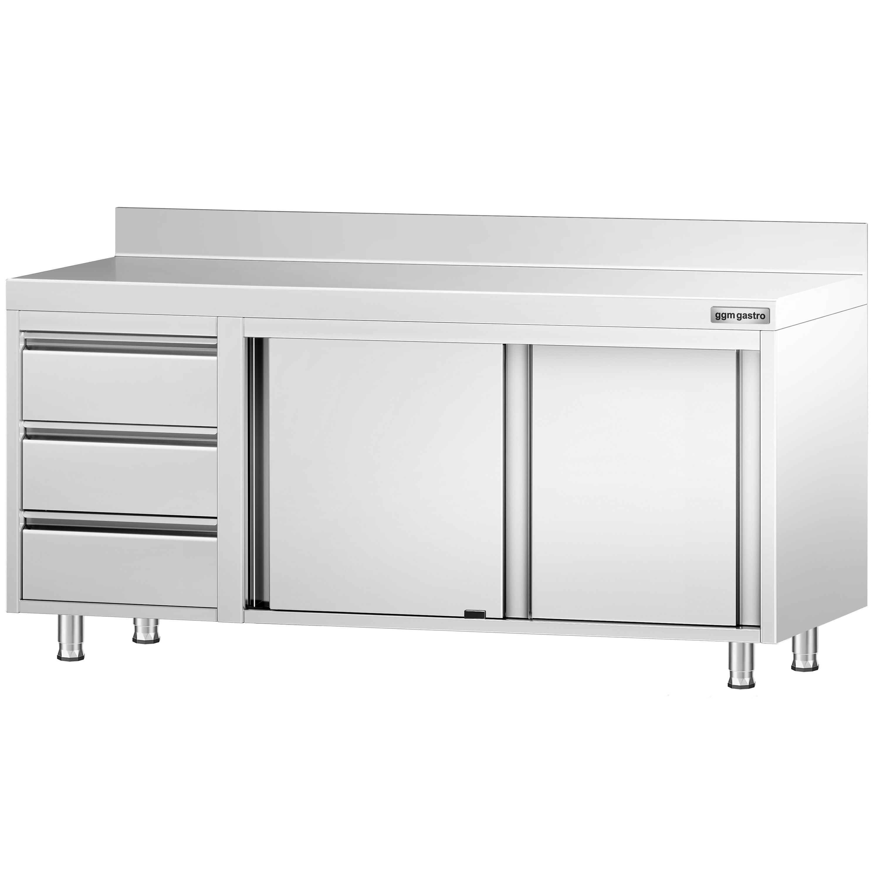 Roostevaba kapp 1800x600mm, lükandustega, 3 sahtlit vasakul, tagaserv