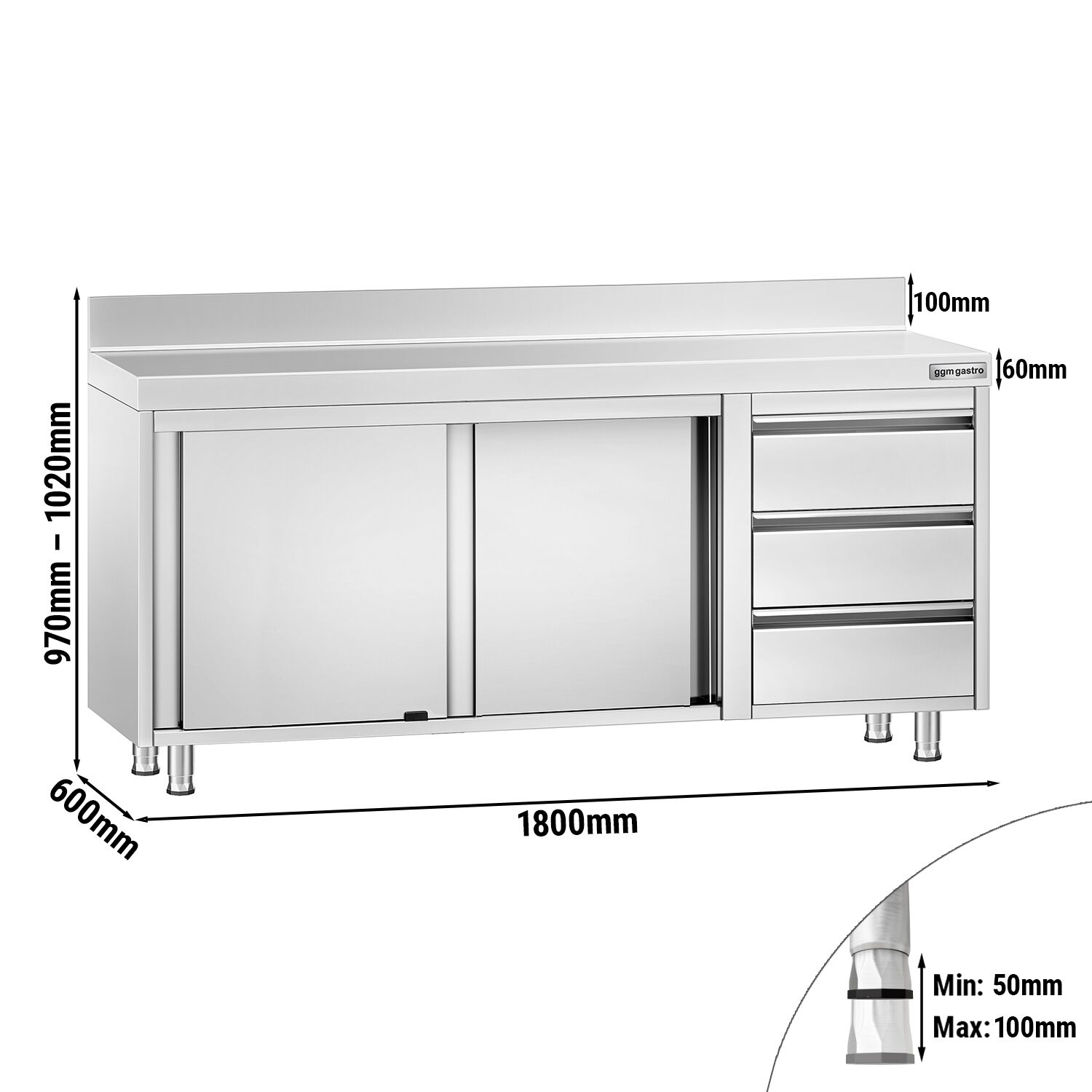 Roostevaba kapp 1800×600mm, lükandustega, 3 sahtlit paremal, tagaserv