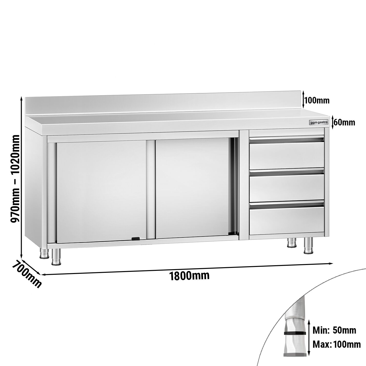 Roostevaba kapp 1800×700mm, lükandustega, 3 sahtlit paremal, tagaserv