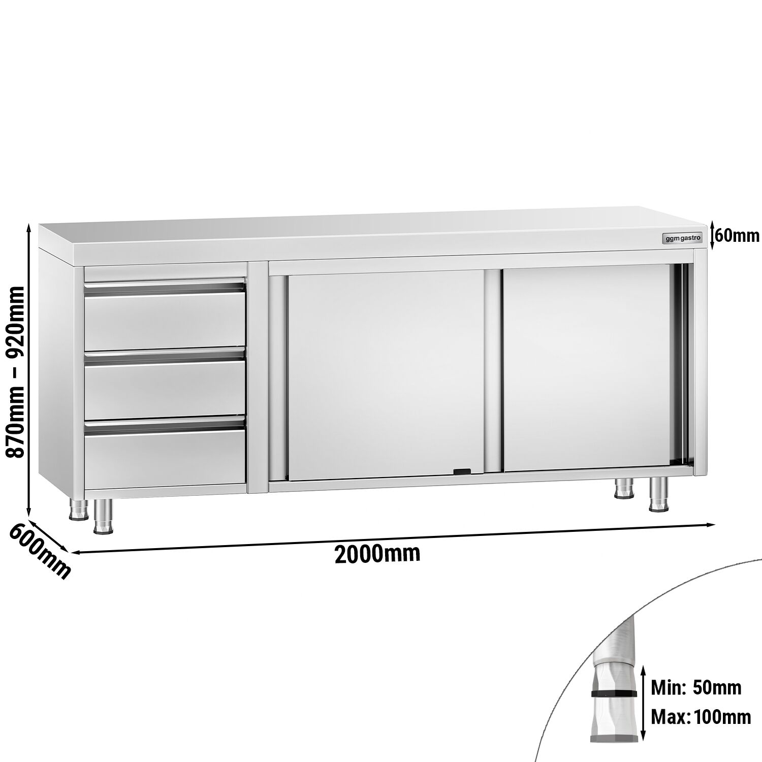 Roostevaba kapp 2000×600mm, lükandustega, 3 sahtlit vasakul