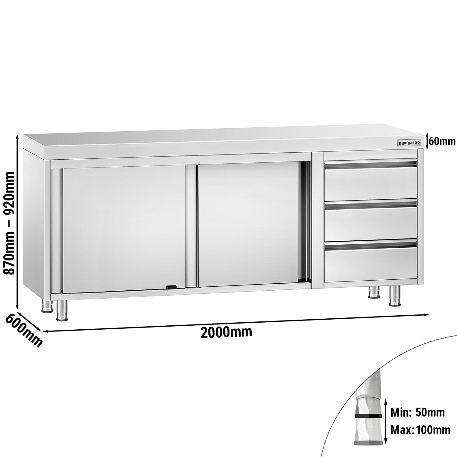 Roostevaba kapp 2000×600mm, lükandustega, 3 sahtlit paremal