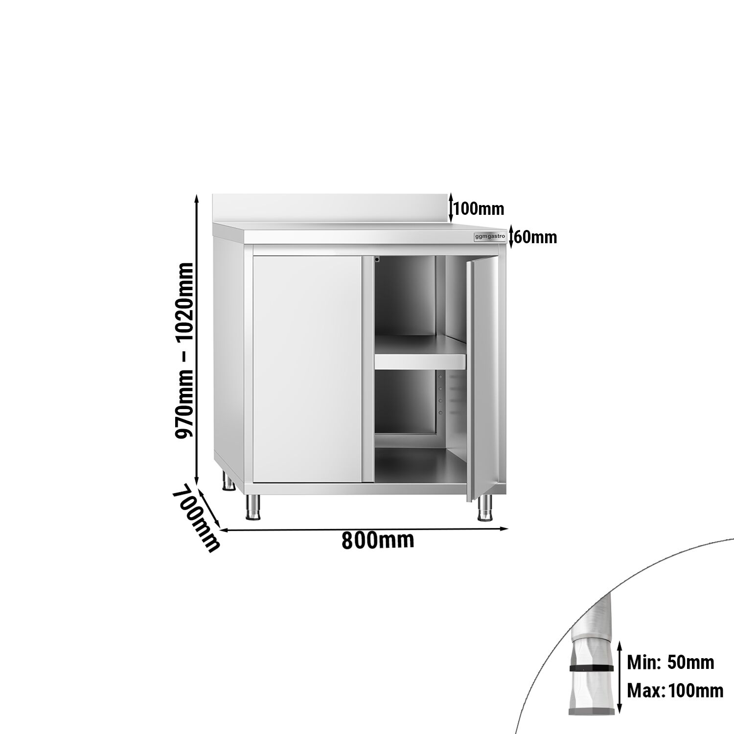 Roostevaba kapp 800×700mm, tiibustega, tagaserv