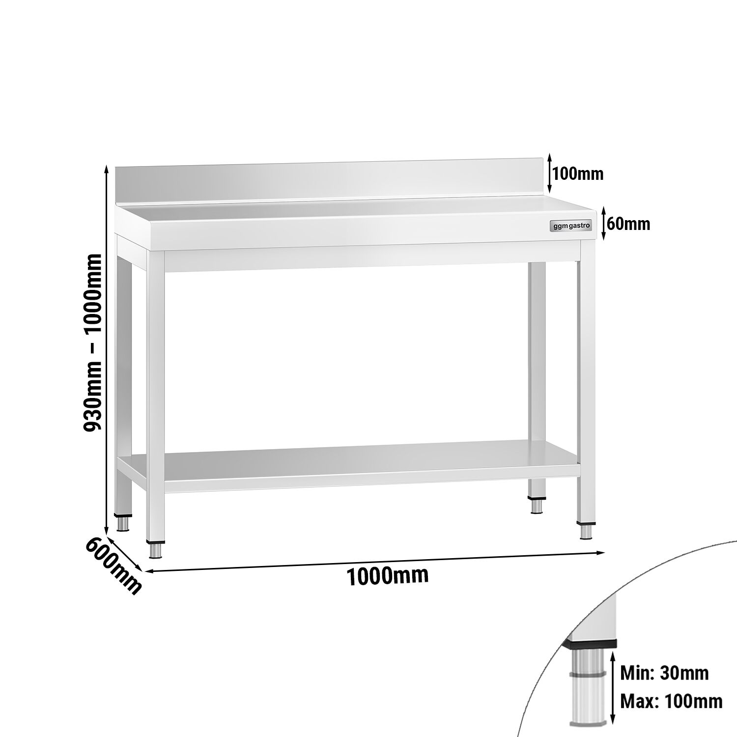 Roostevaba töölaud 1000 × 600 mm, tagaservaga