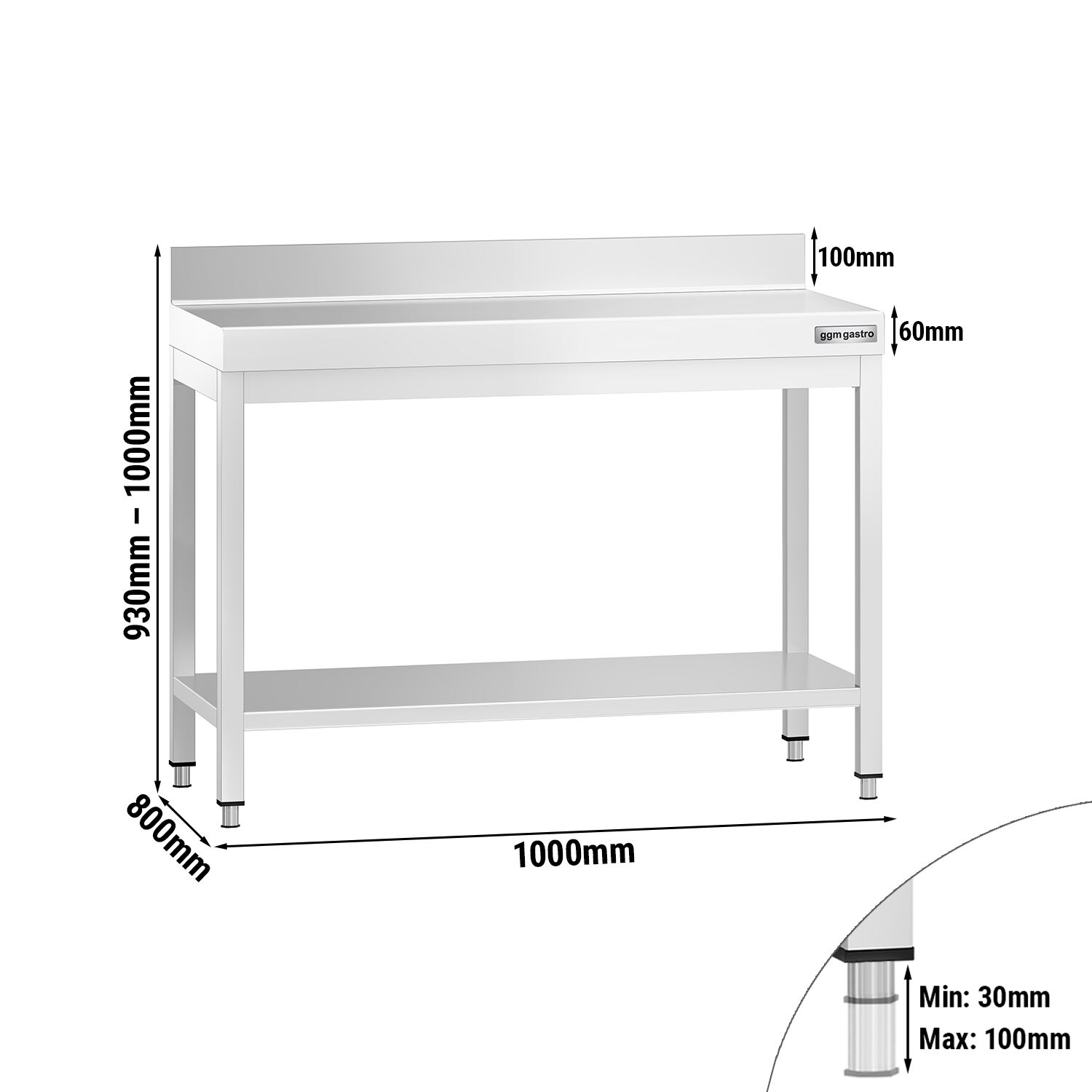 Roostevaba töölaud 1000 × 800 mm, tagaservaga