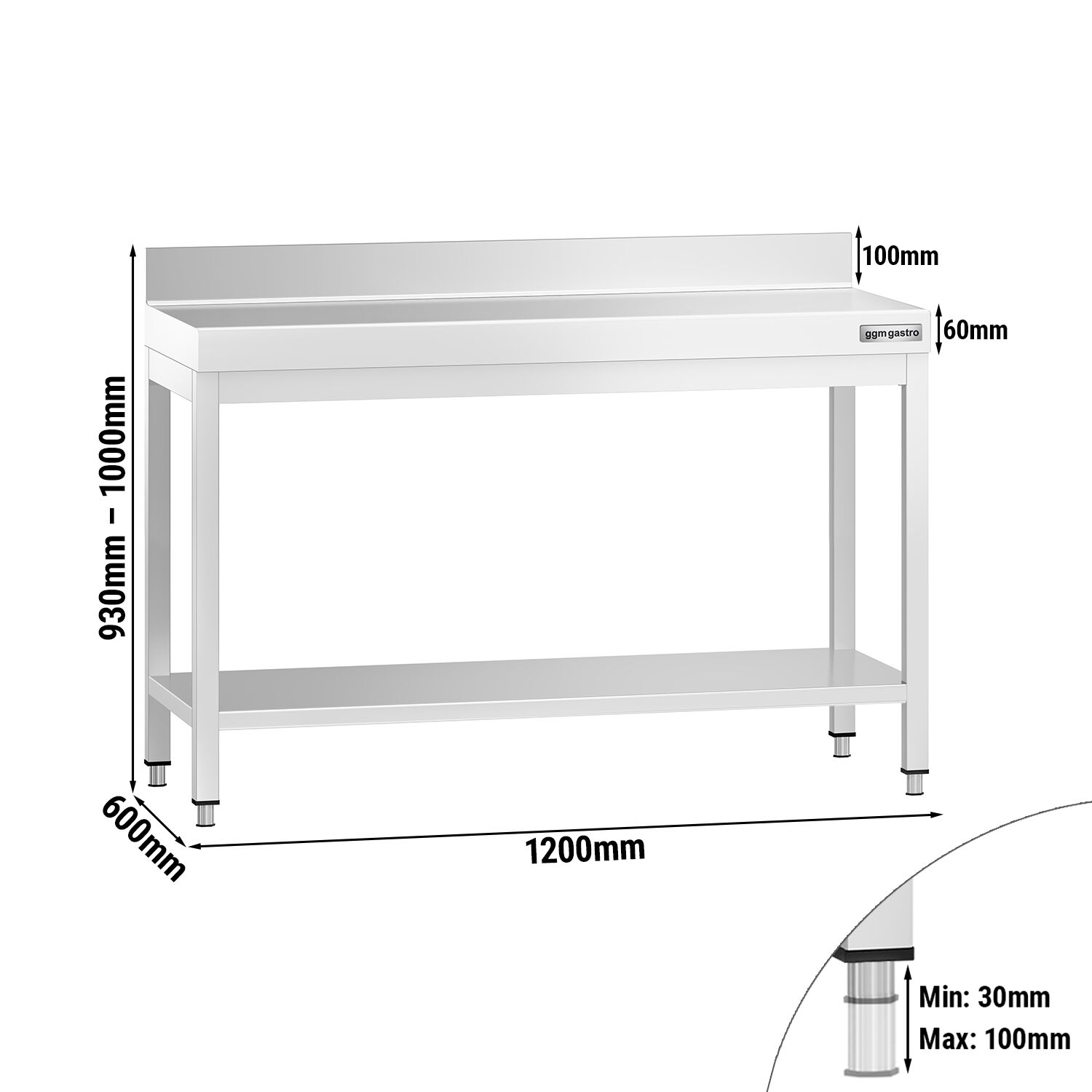 Roostevaba töölaud 1200 × 600 mm, tagaservaga