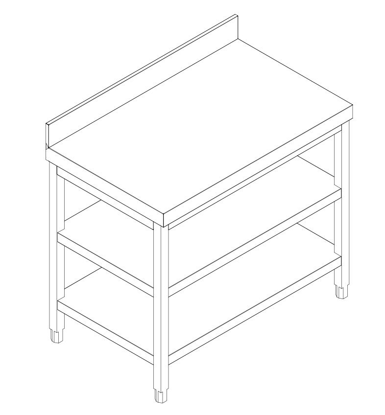 Roostevaba töölaud 1200 × 700 mm, 2 alariiulit, tagaservaga