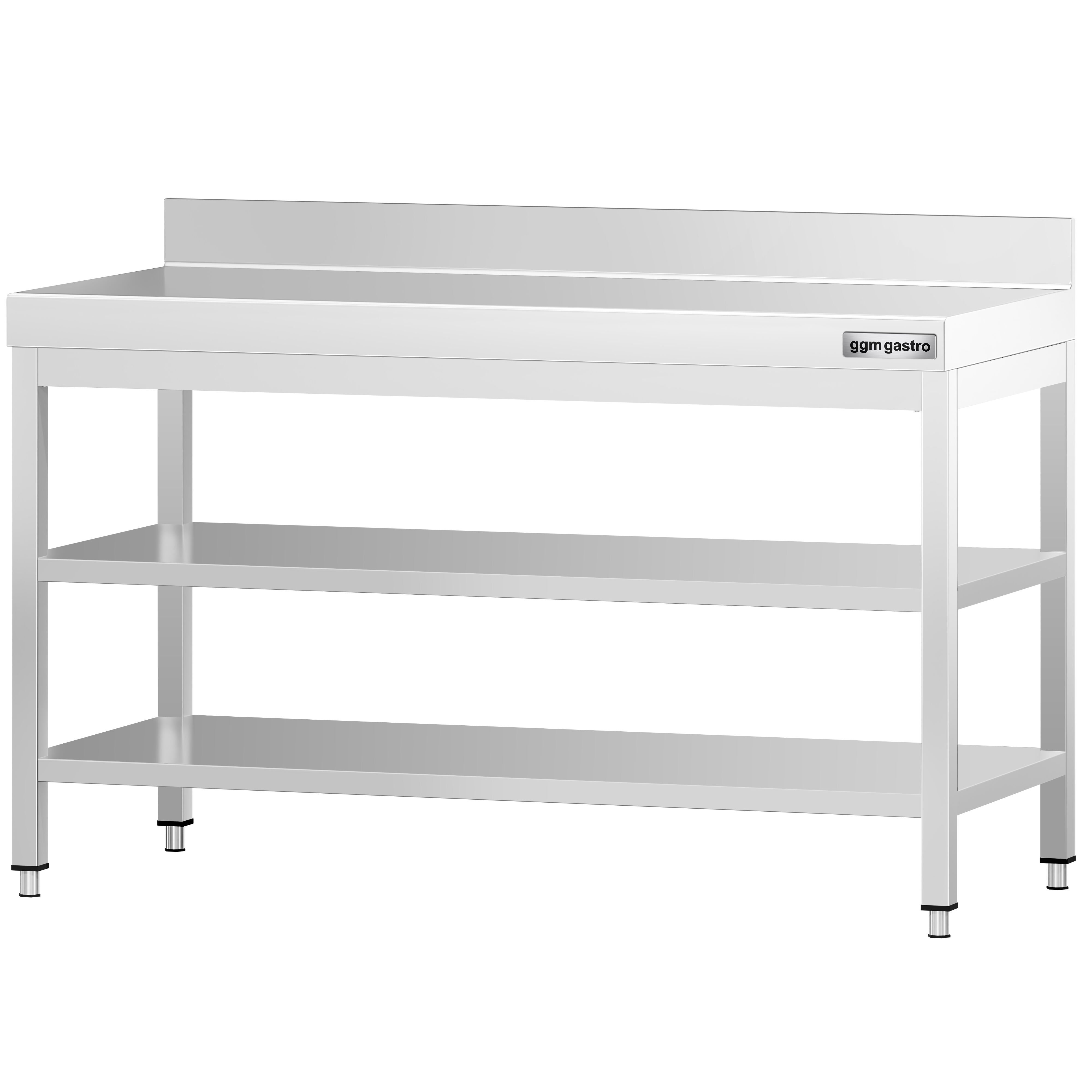 Roostevaba töölaud 1400 × 800 mm, 2 alariiulit, tagaservaga
