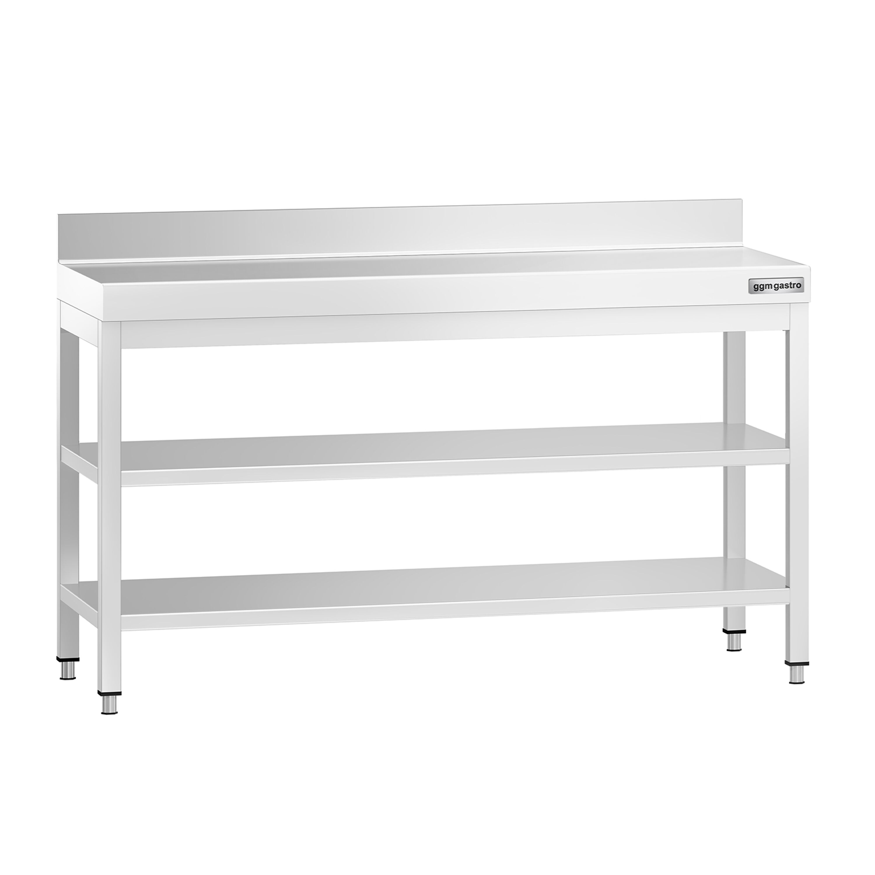 Roostevaba töölaud 1500 x 600 mm, 2 alariiulit, tagaservaga