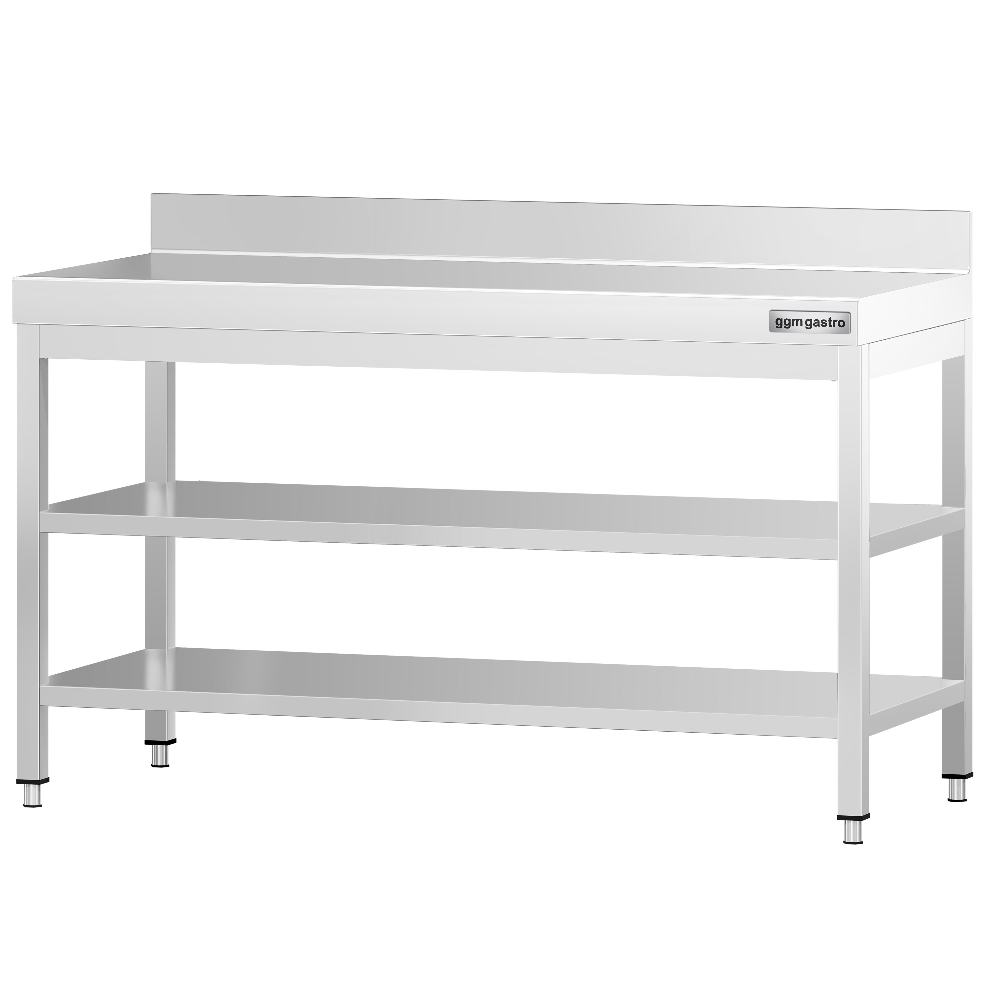 Roostevaba töölaud 1500 × 600 mm, 2 alariiulit, tagaservaga