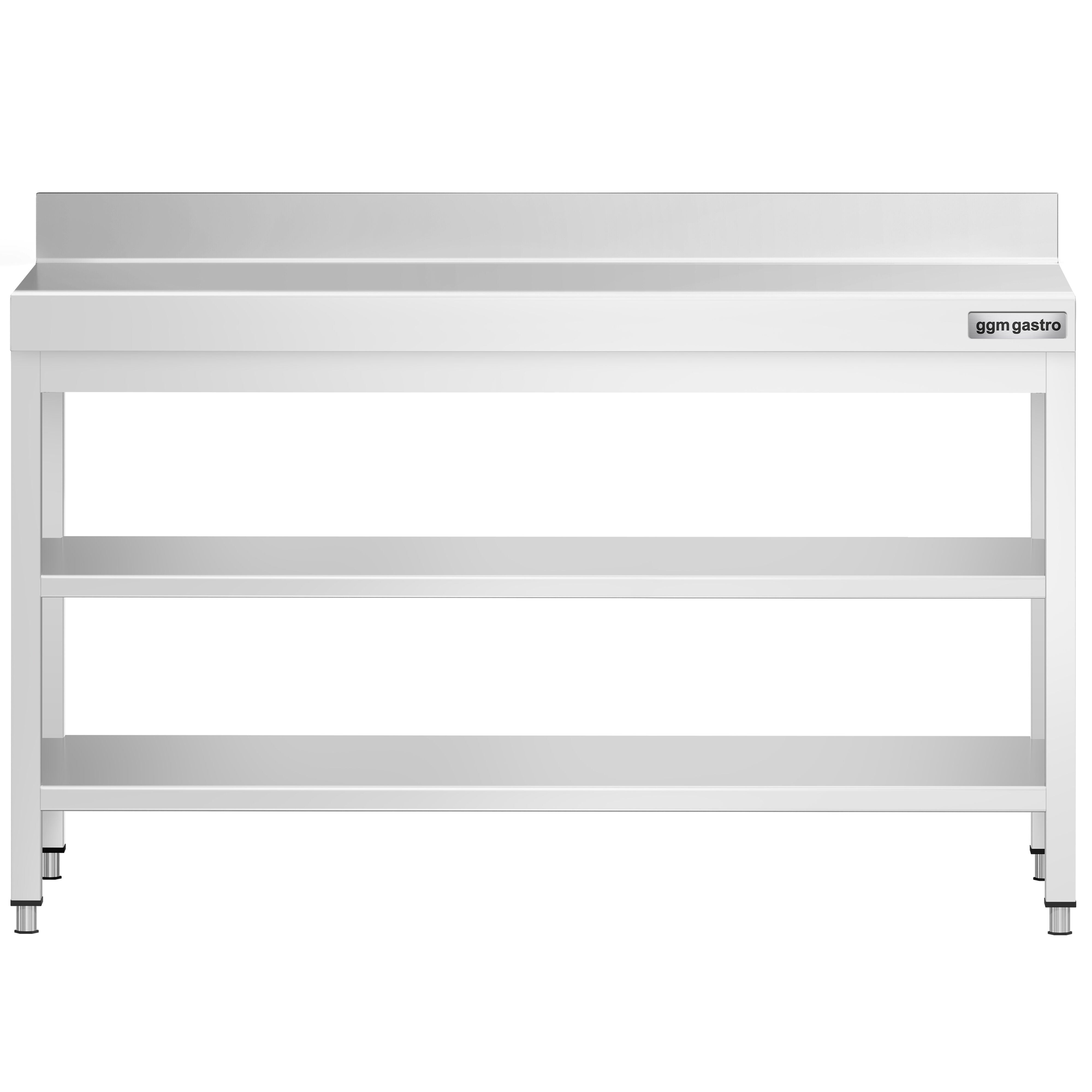 Roostevaba töölaud 1500 × 700 mm, 2 alariiulit, tagaservaga