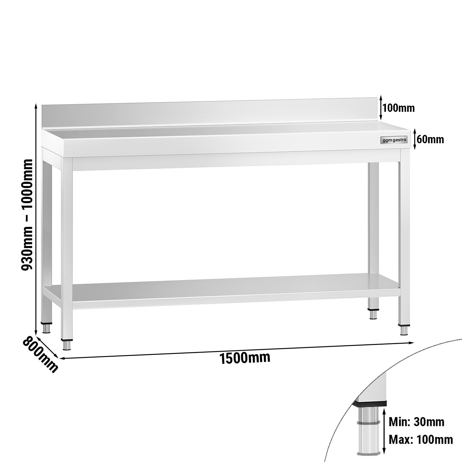 Roostevaba töölaud 1500 × 800 mm, tagaservaga