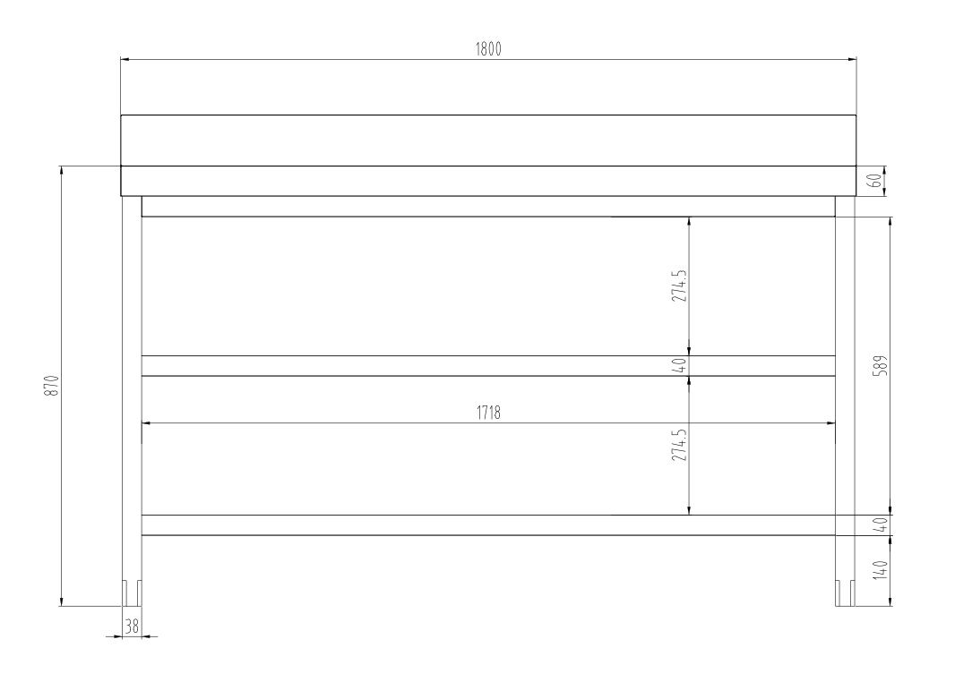 Roostevaba töölaud 1800 × 600 mm, 2 alariiulit, tagaservaga