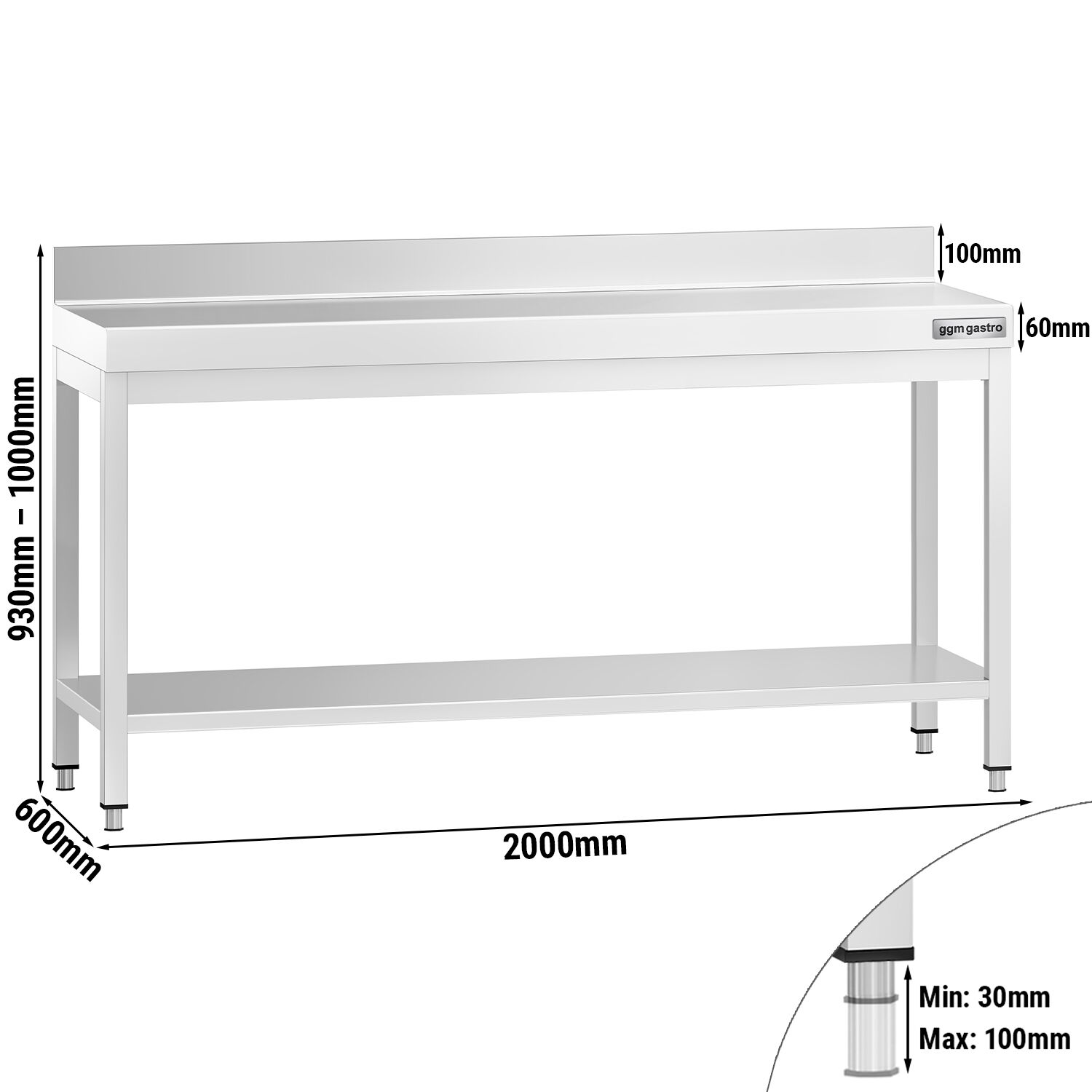 Roostevaba töölaud 2000 × 600 mm, tagaservaga