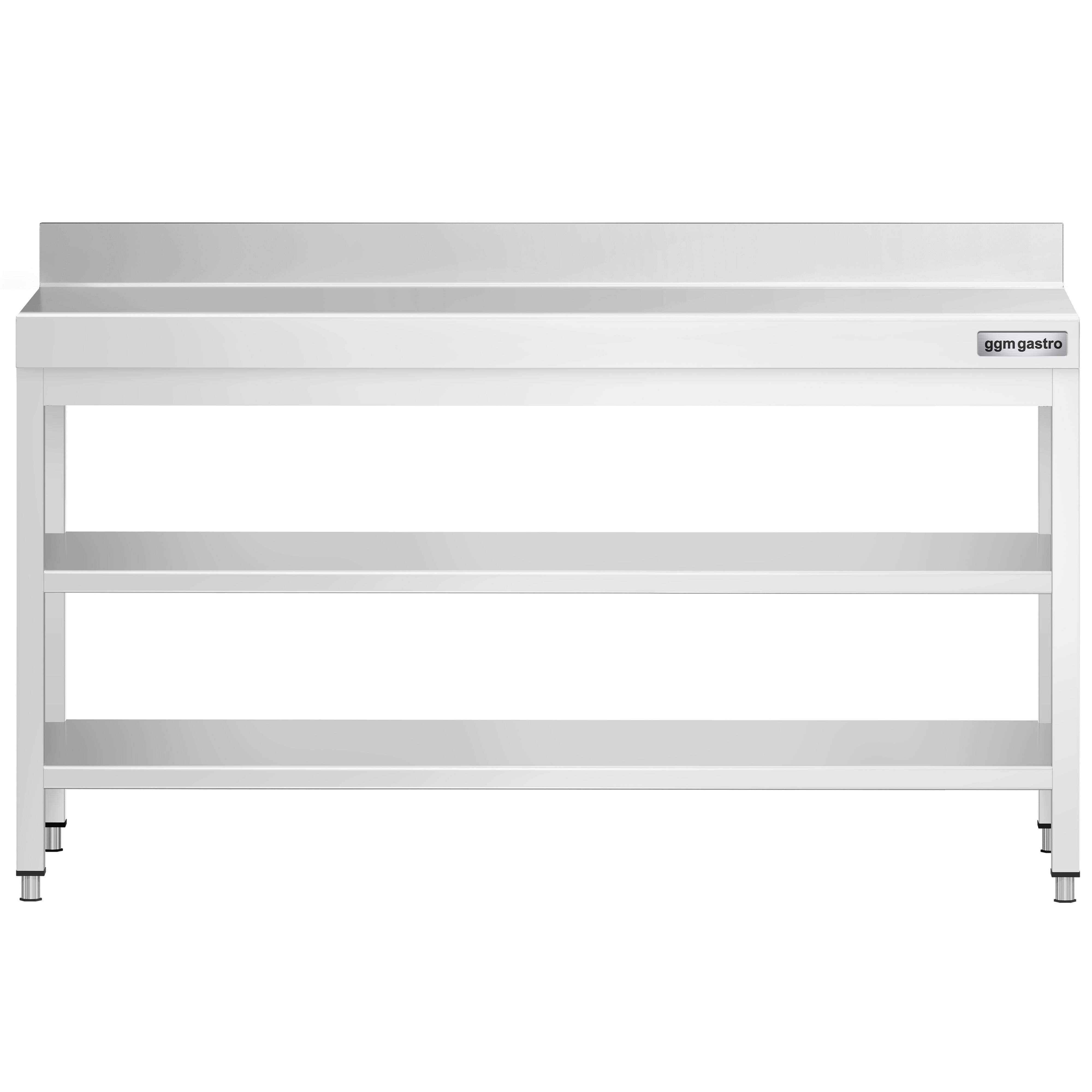 Roostevaba töölaud 2000 × 600 mm, 2 alariiulit, tagaservaga