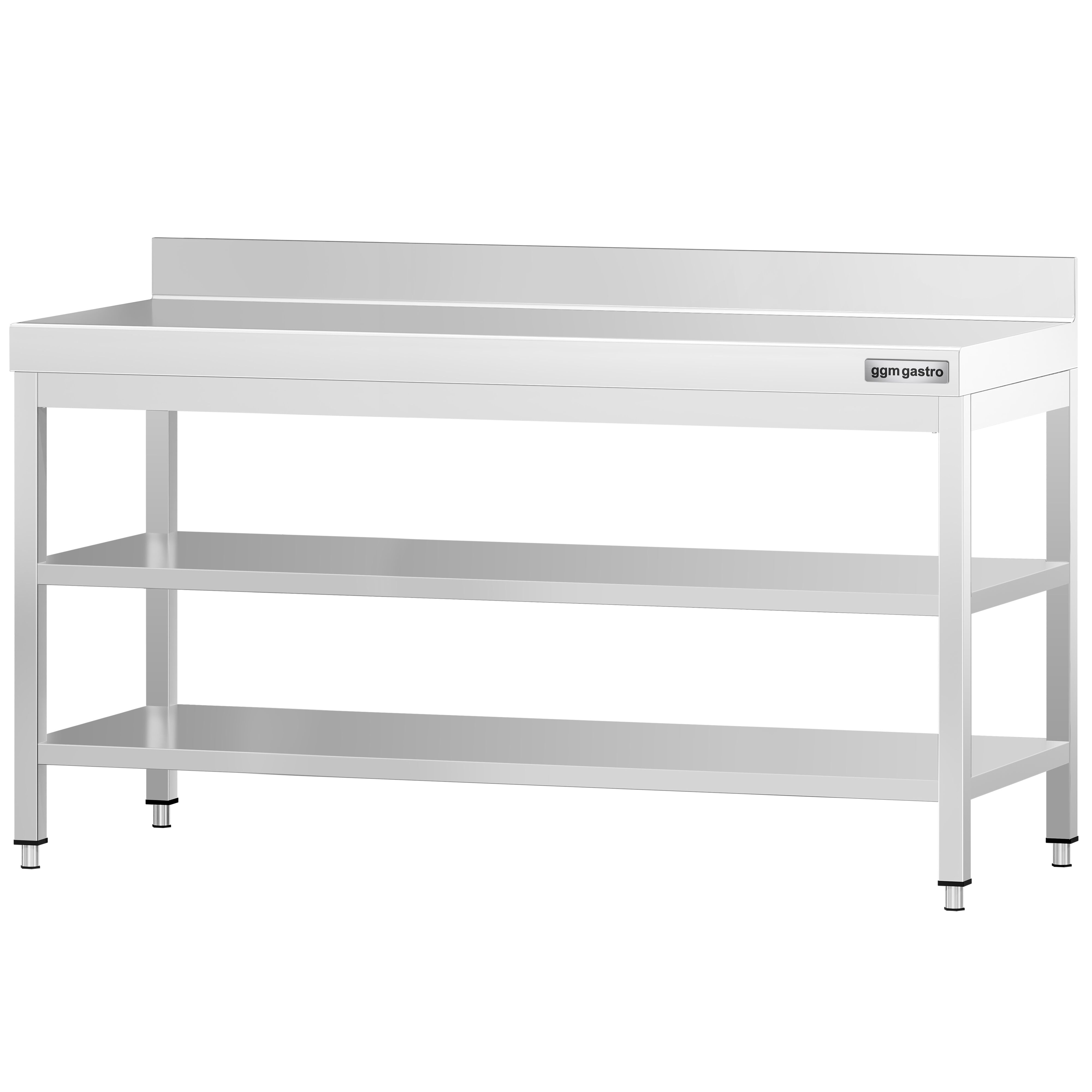 Roostevaba töölaud 2000 × 600 mm, 2 alariiulit, tagaservaga