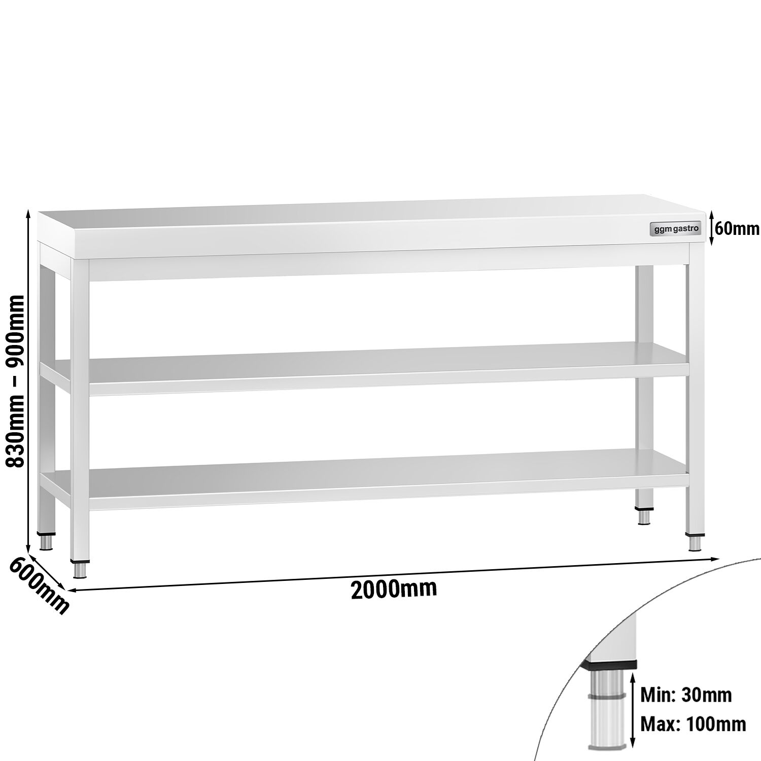 Roostevaba töölaud 2000 × 600 mm, 2 alariiulit