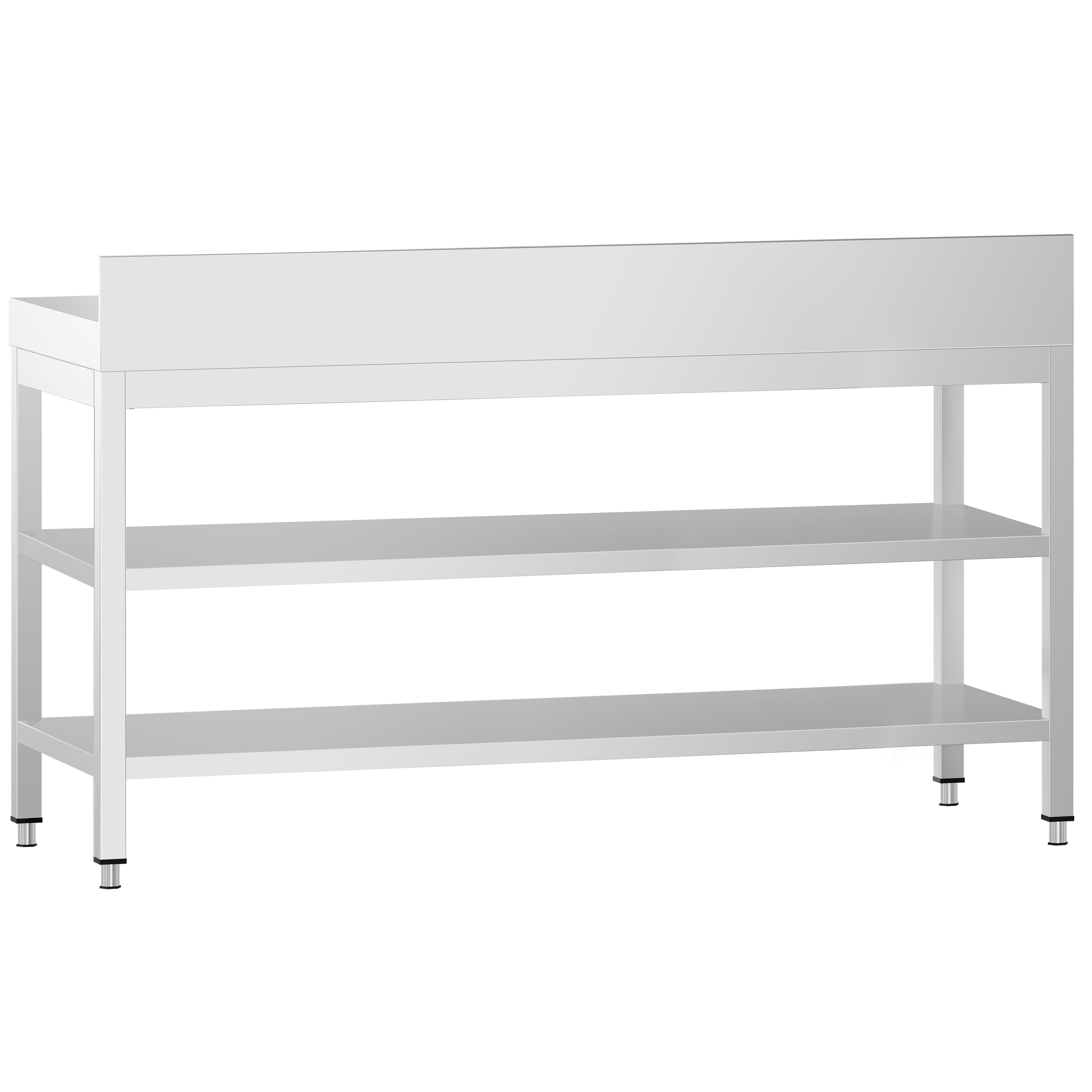 Roostevaba töölaud 2000 × 700 mm, 2 alariiulit, tagaservaga