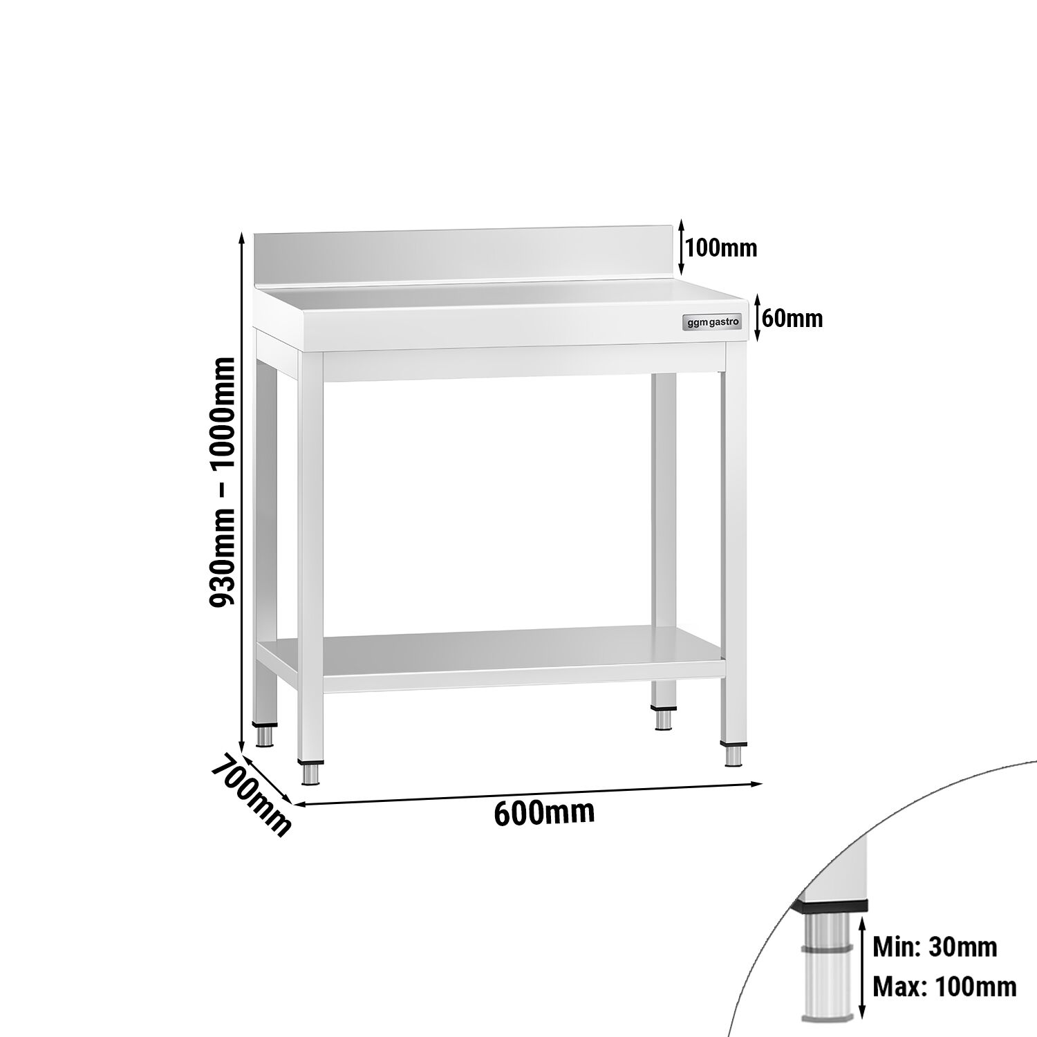 Roostevaba töölaud 600 × 700 mm, tagaservaga