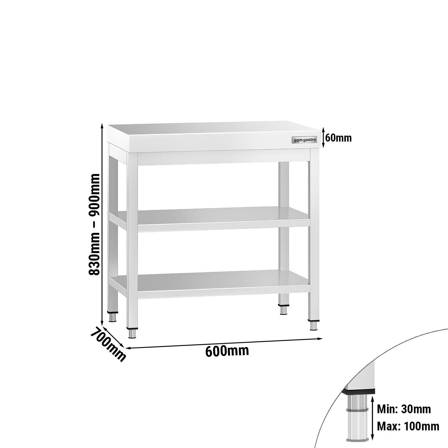 Roostevaba töölaud 600 × 700 mm, 2 alariiulit