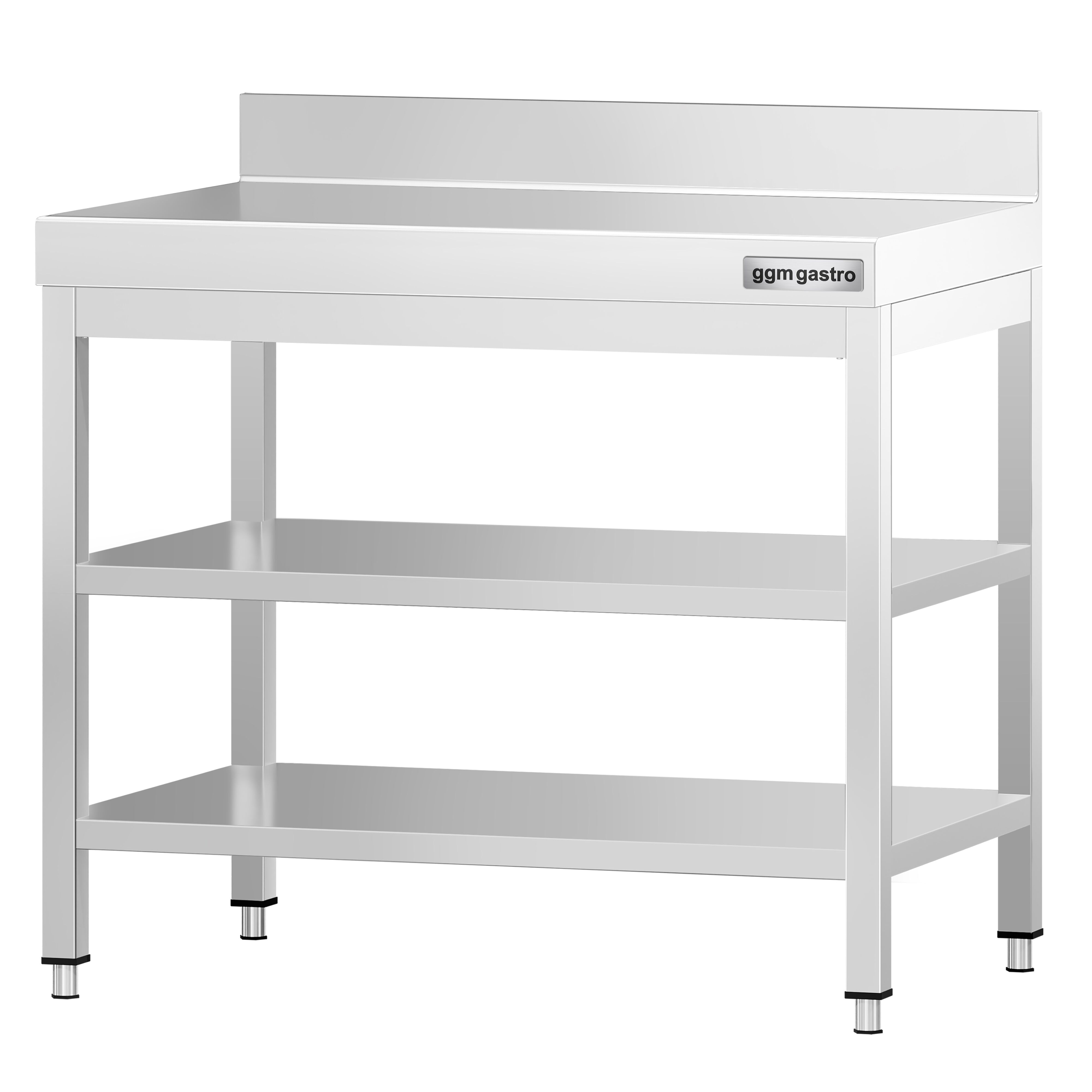 Roostevaba töölaud 700 × 600 mm, 2 alariiulit, tagaservaga