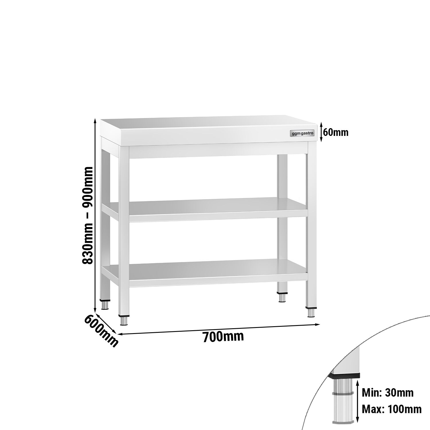 Roostevaba töölaud 700 × 600 mm, 2 alariiulit