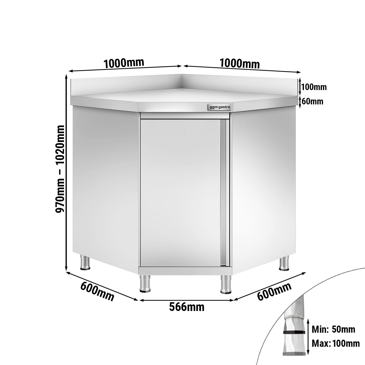 Roostevaba nurgakapp 1000×1000mm, 600mm, tagaserv