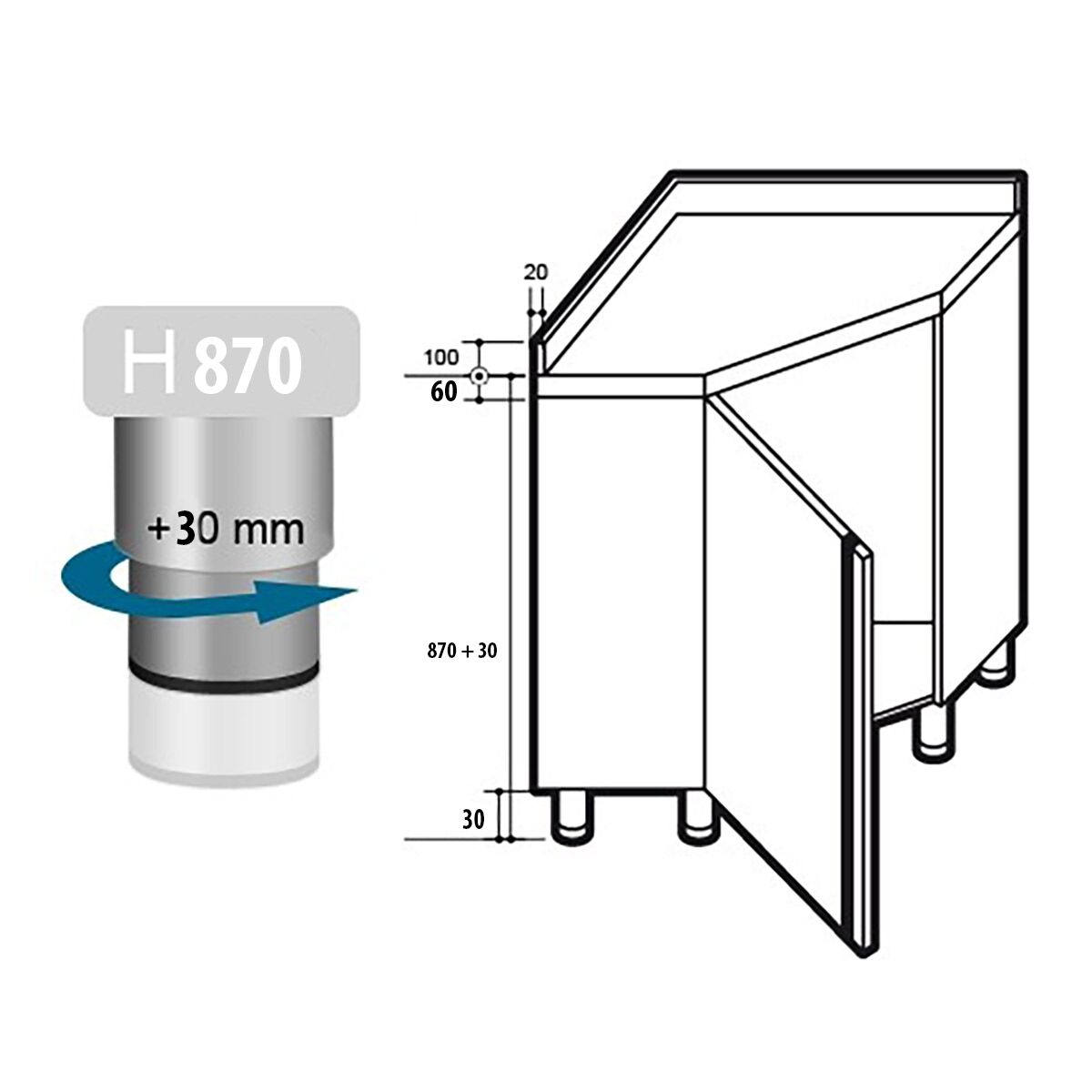Roostevaba nurgakapp 1000×1000mm, 600mm, tagaserv