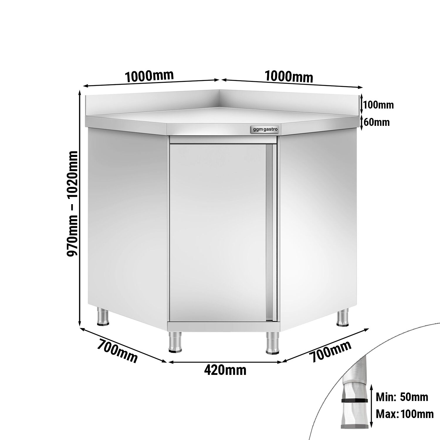 Roostevaba nurgakapp 1000×1000mm, 700mm, tagaserv