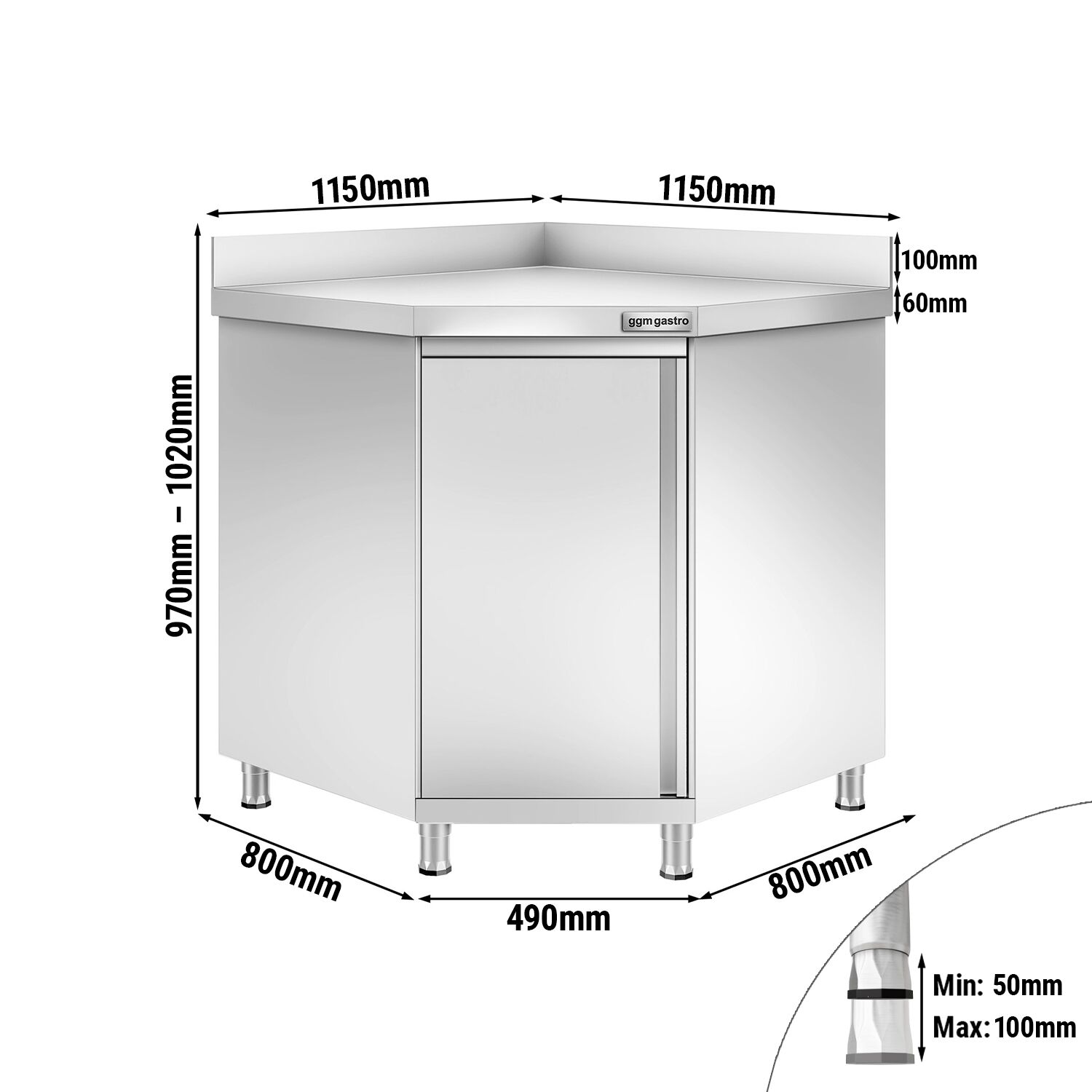Roostevaba nurgakapp 1150×1150mm, 800mm, tagaserv