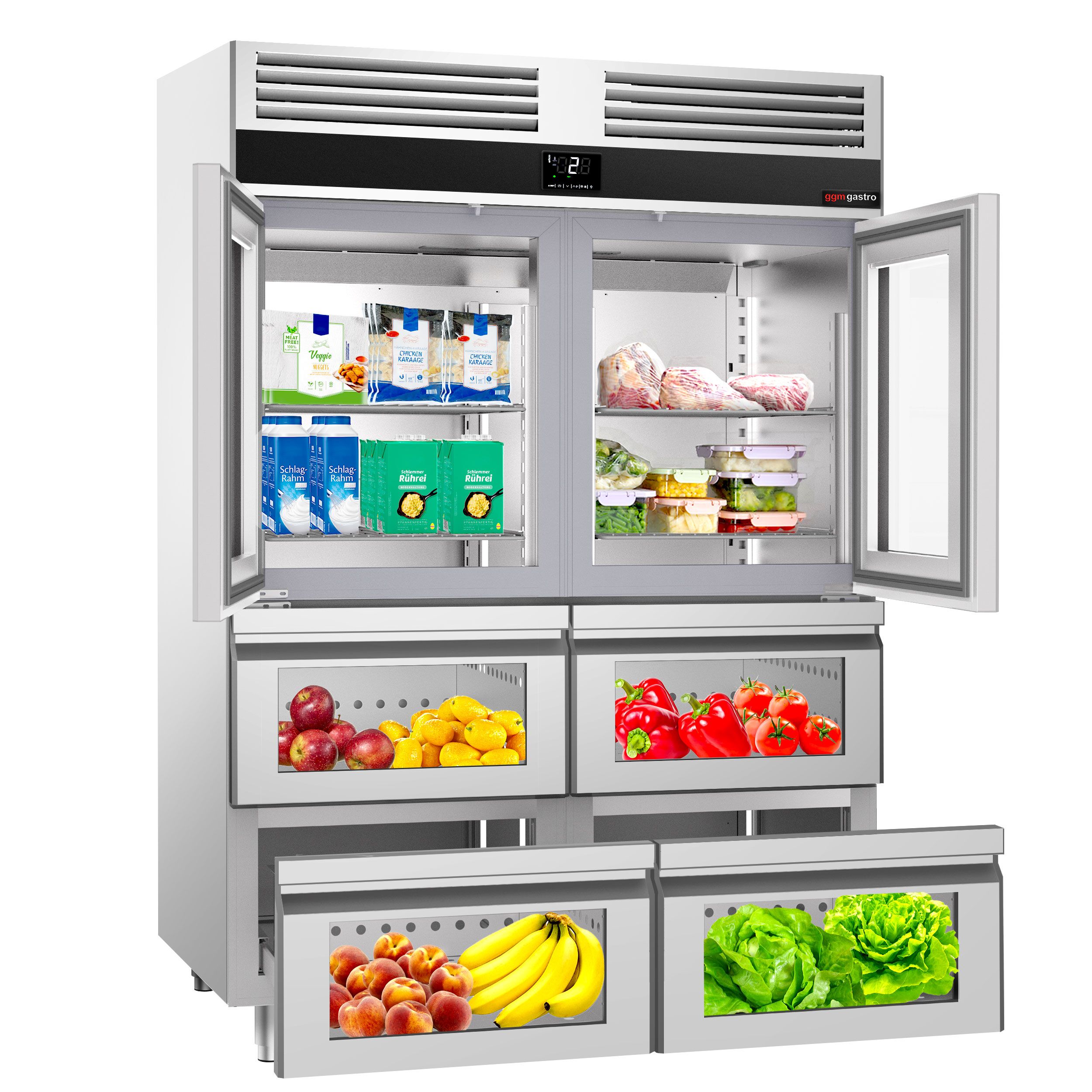 Vitriinkülmik PREMIUM GN2/1, 1400l, 2 klaasust+4 sahtlit