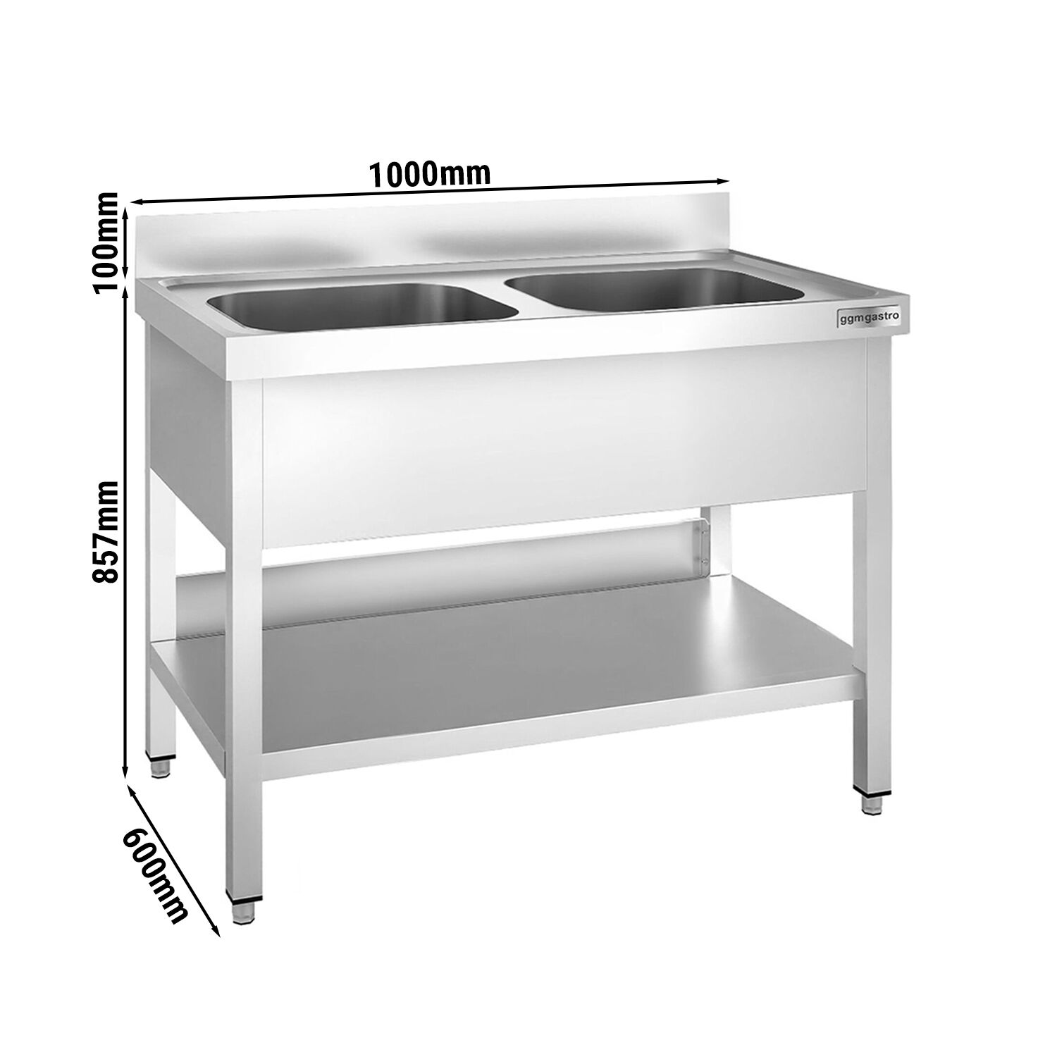 Valamulaud PREMIUM 1000x600 mm – riiuliga, 2 valamut keskel, tagaservaga