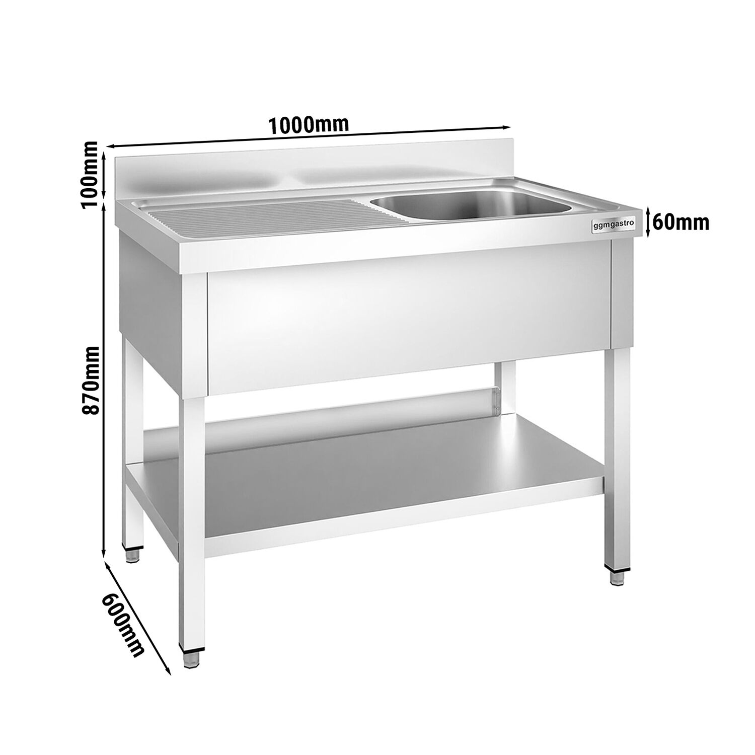Valamulaud PREMIUM 1000x600 mm – riiuliga, 1 valamu paremal, tagaservaga