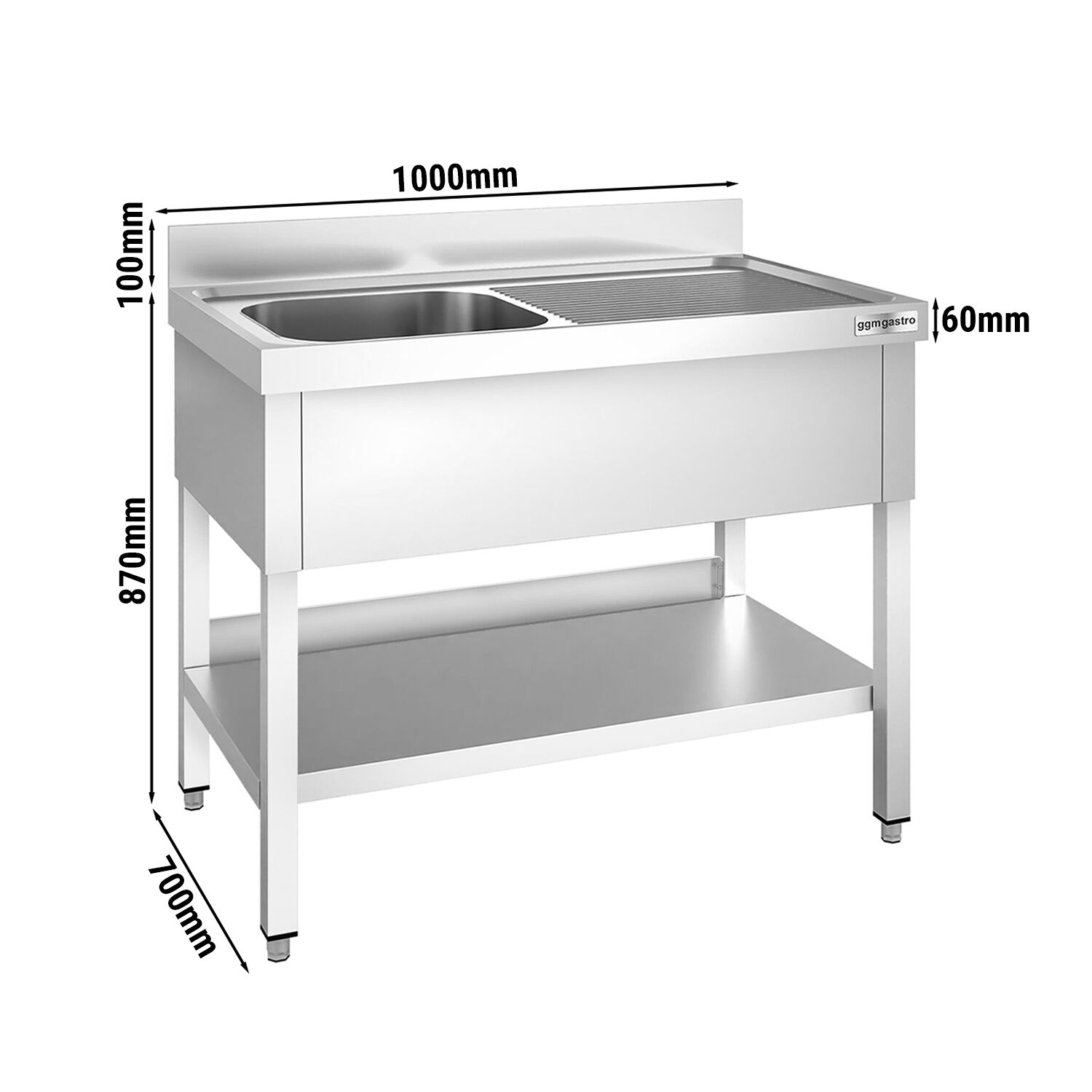 Valamulaud PREMIUM 1000x700 mm – riiuliga, 1 valamu vasakul, tagaservaga
