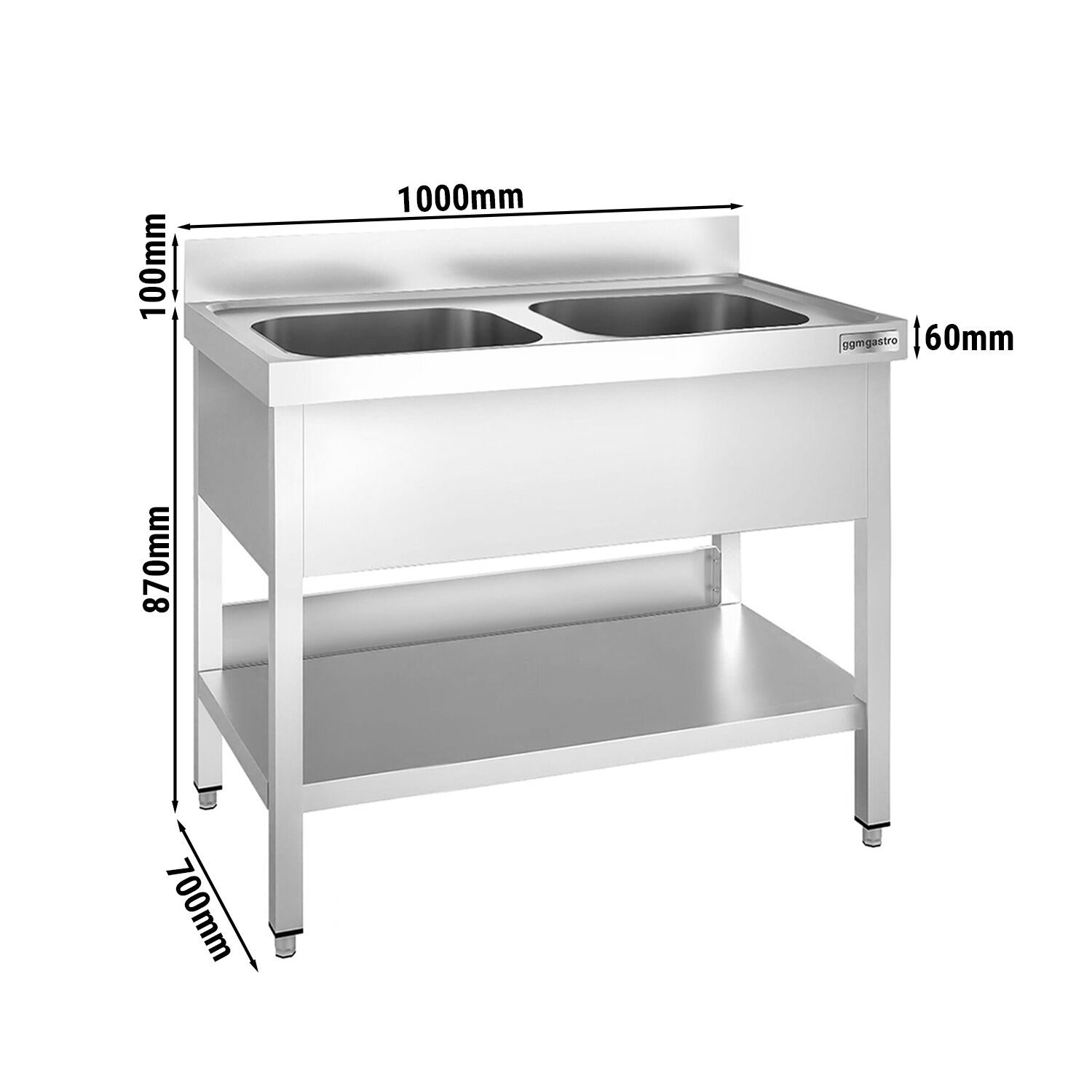 Valamulaud PREMIUM 1000x700 mm – riiuliga, 2 valamut keskel