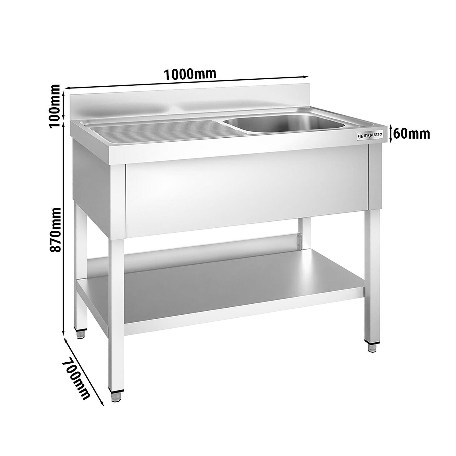 Valamulaud PREMIUM 1000x700 mm – riiuliga, 1 valamu paremal
